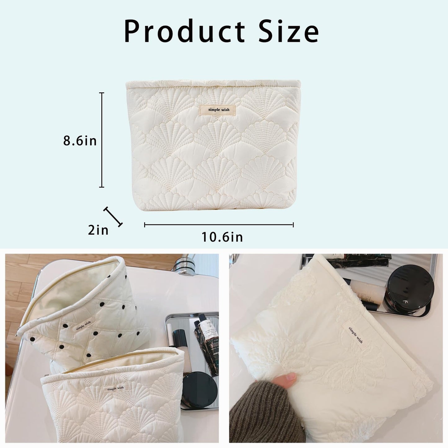 uekeboag White Shells Quilted Cotton Makeup Bag,Coquette Travel Pouch