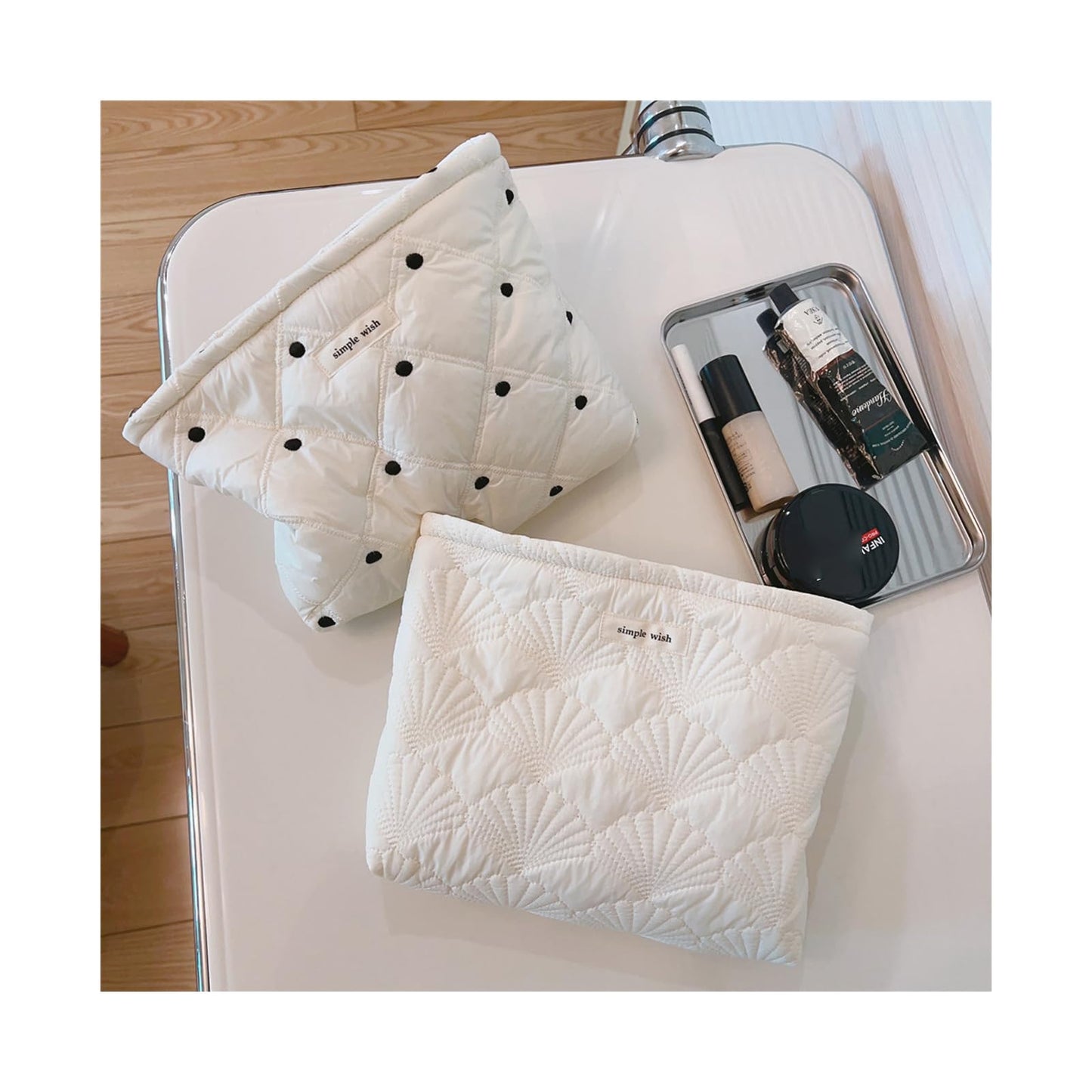 uekeboag White Shells Quilted Cotton Makeup Bag,Coquette Travel Pouch
