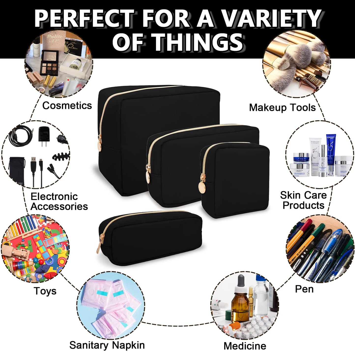 UIXIZQ Waterproof Mini Makeup Bag for Purse,Small Cosmetic Pouch Nylon Travel Toiletry Organizers Bag for Women Girls,Cute Zipper Preppy Coin Purse for Work(Mini-Black)