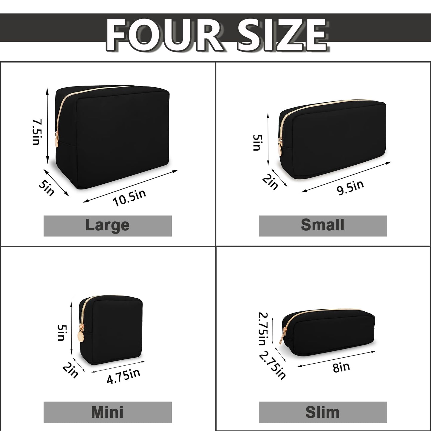 UIXIZQ Waterproof Small Makeup Pouch for Purse,Nylon Travel Toiletry Storage Pouch Cute Preppy Cosmetic Bag for Women Girl,Waterproof Makeup Organizer Skincare Bag Purse with Zipper(Small-Black)