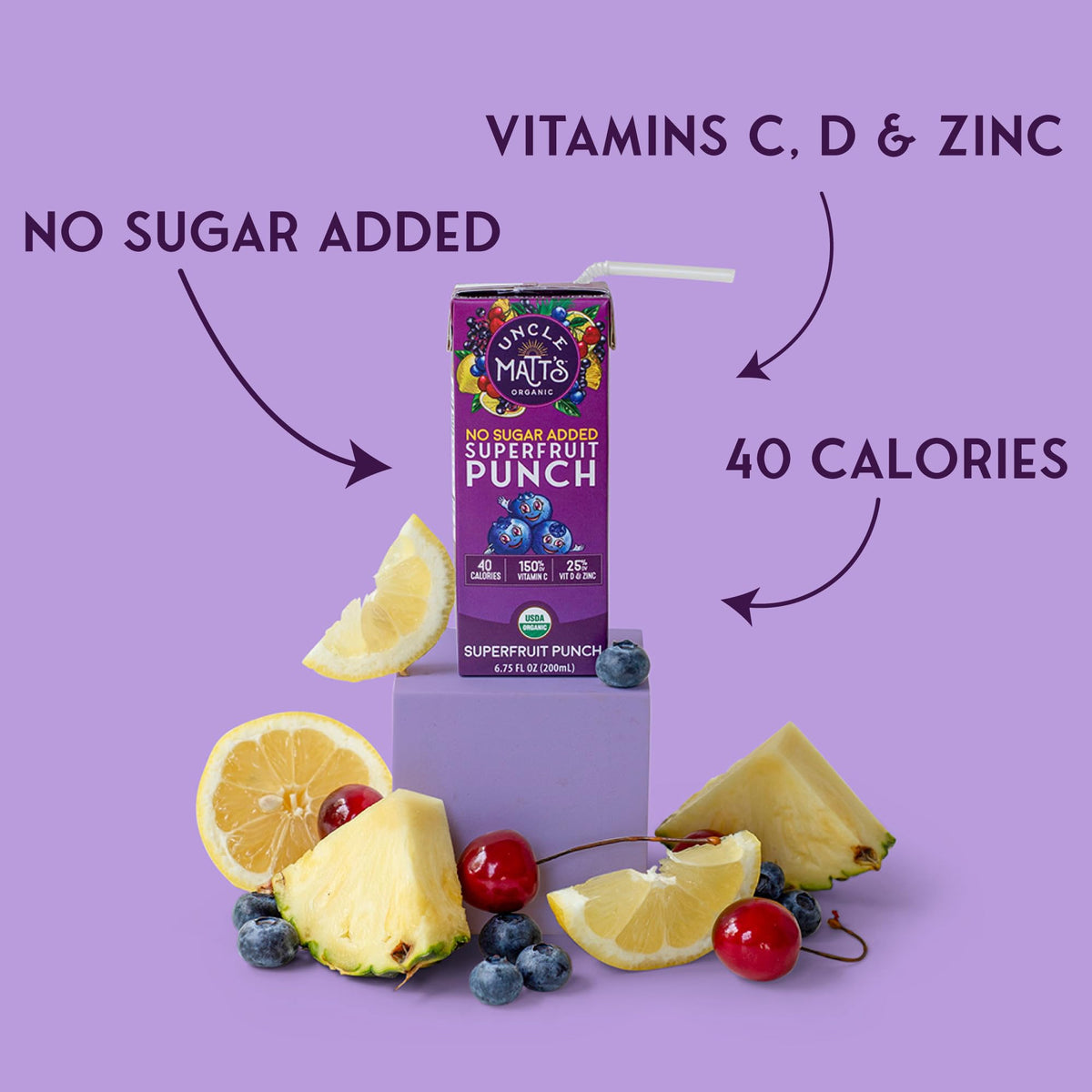 Uncle Matt’s Organic No Sugar Added Superfruit Punch Juice Boxes – 32 Pack, 40 Calories, Vitamins C, D & Zinc