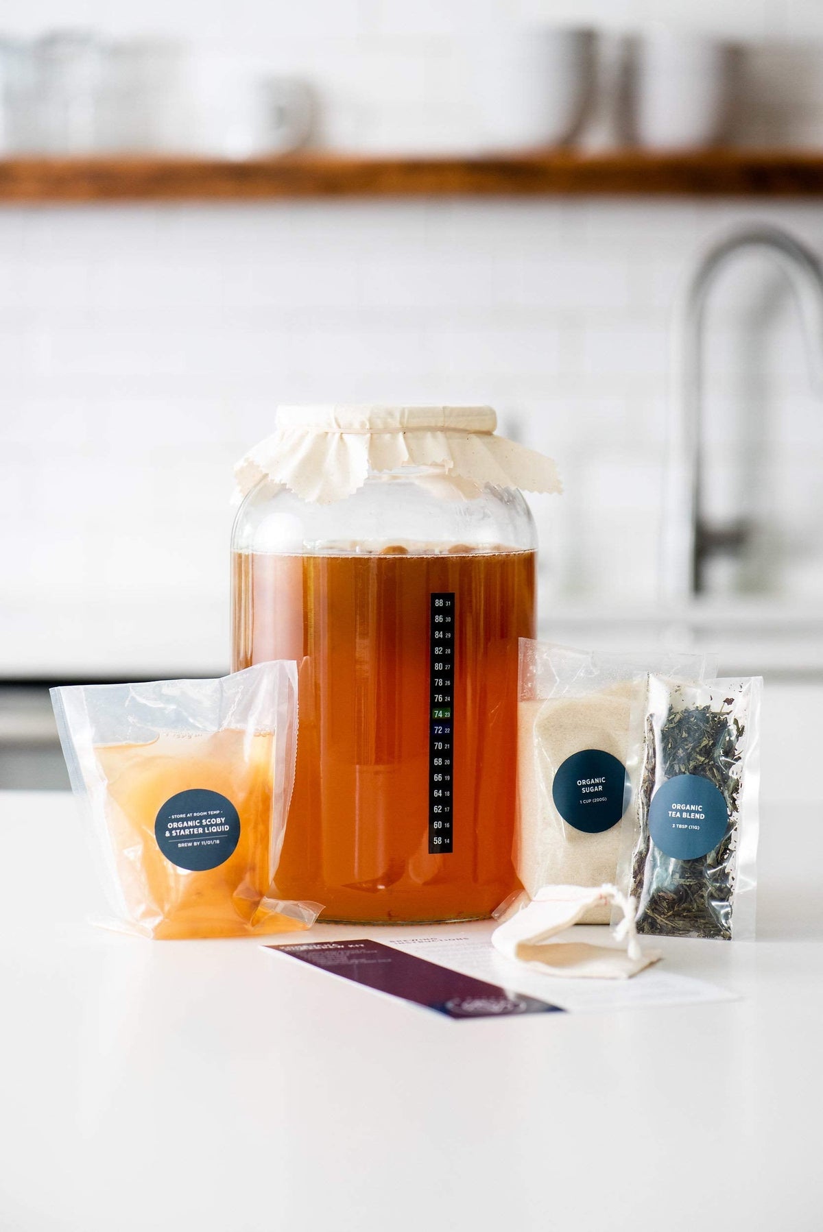 Urban Kitchen Kombucha Starter Kit: Organic SCOBY, Tea, Sugar, and 1-Gallon Glass Jar for Home Brewing