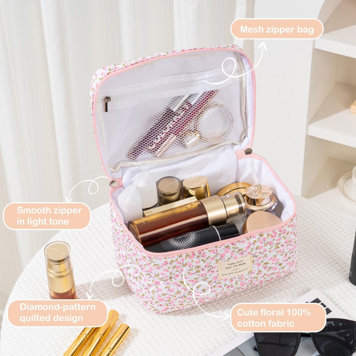 UUYUUY Makeup Bag for Women 3PCS Quilted Cotton Make Up Bag Travel Cosmetic Bag Large Makeup Bag Set Cute Makeups Organizer Floral Toiletry Pouch for Purse, Pink Floral D