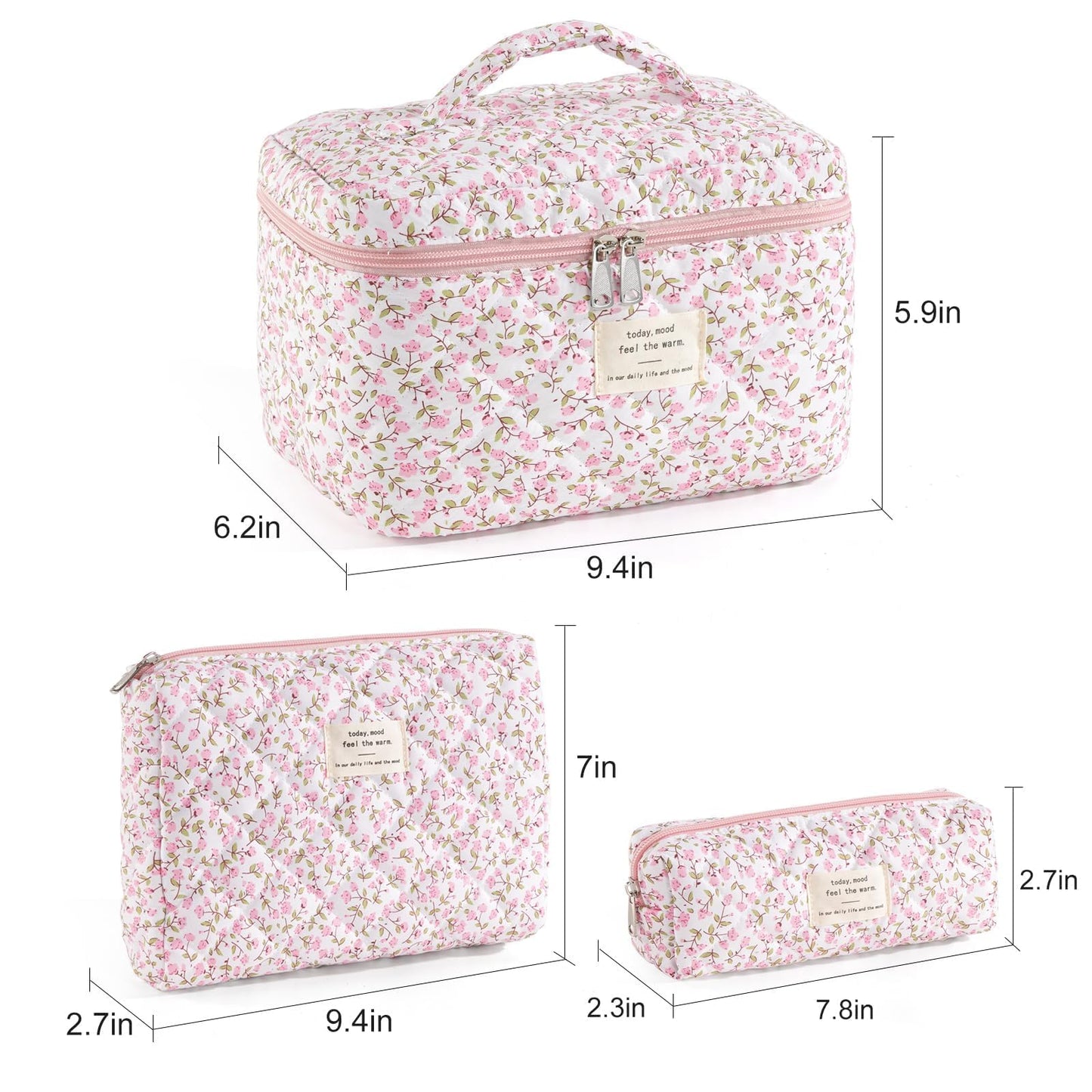 UUYUUY Makeup Bag for Women 3PCS Quilted Cotton Make Up Bag Travel Cosmetic Bag Large Makeup Bag Set Cute Makeups Organizer Floral Toiletry Pouch for Purse, Pink Floral D