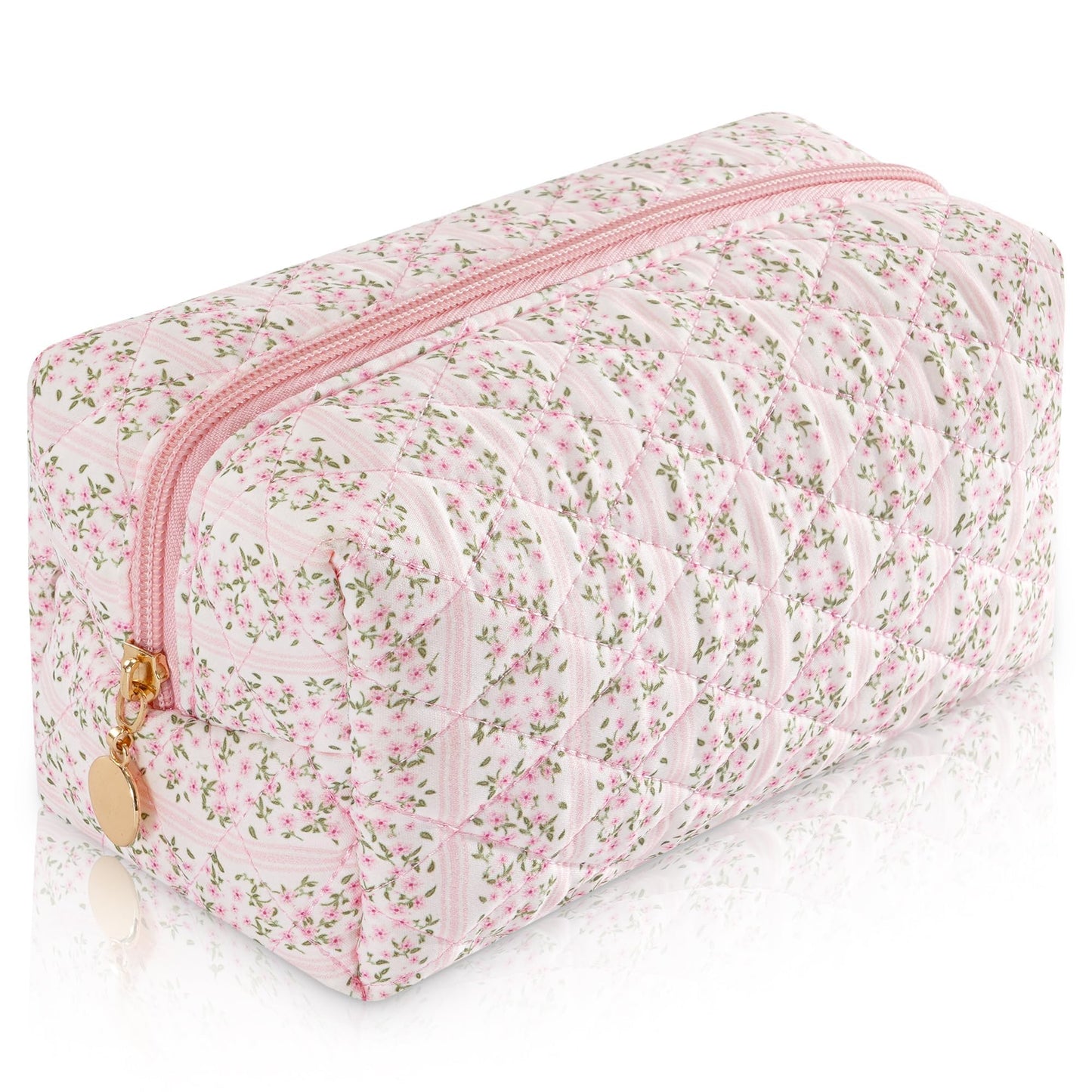 UUYUUY Makeup Bag Travel Toiletry Bag for Women, Small Cosmetic Bags Cute Quilted Cotton Makeup Pouch for Purse Emergency Bag Pencil Case Accessory Bag, Pastel Pink