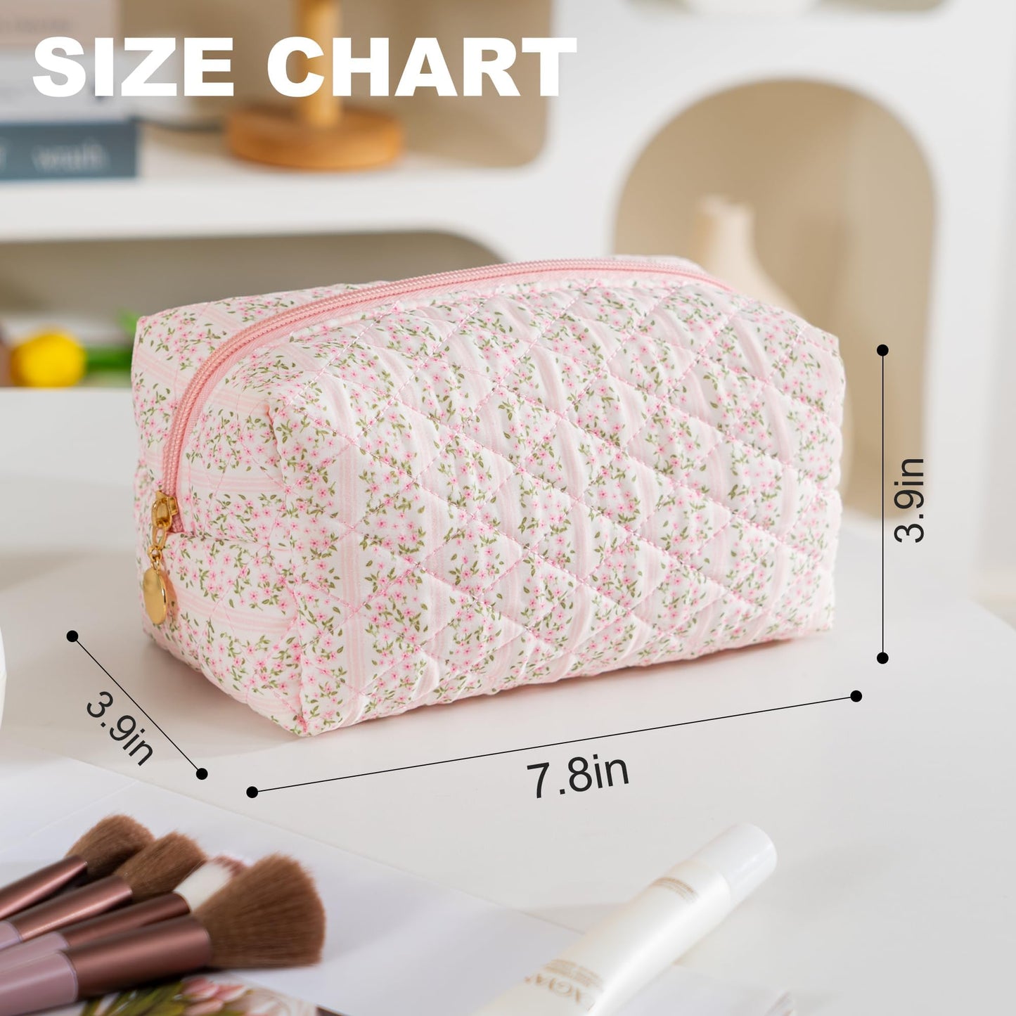 UUYUUY Makeup Bag Travel Toiletry Bag for Women, Small Cosmetic Bags Cute Quilted Cotton Makeup Pouch for Purse Emergency Bag Pencil Case Accessory Bag, Pastel Pink