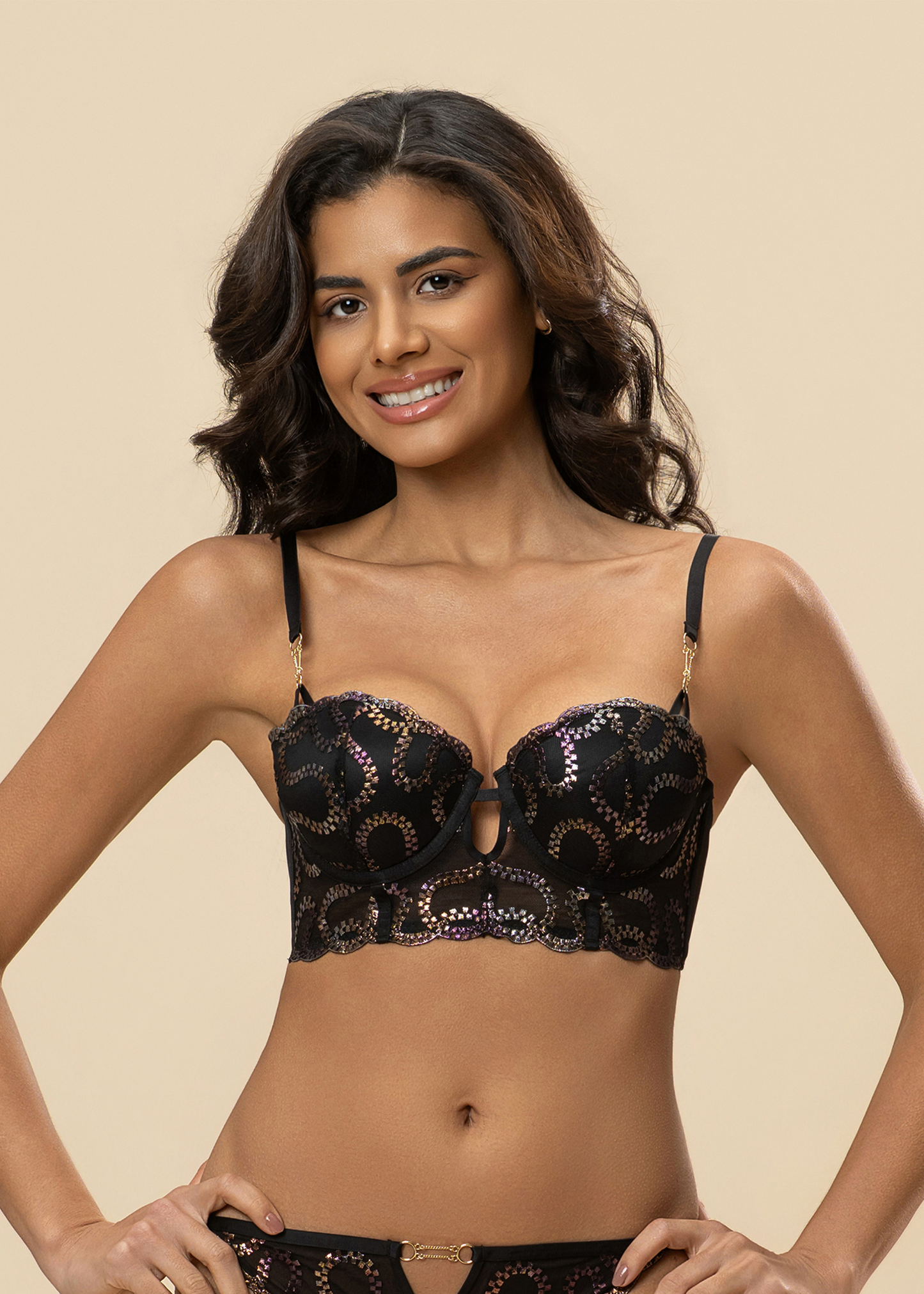 VALE Gold-Foil Embroidery Lace Balconette Wired Long Bra