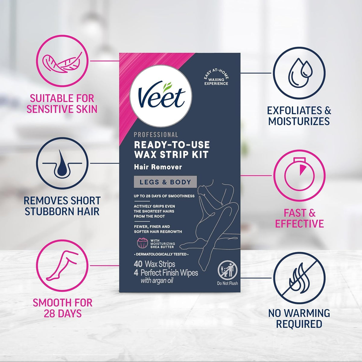 VEET Ready-To-Use Waxing Kit For Women, Wax Strips For Body Hair Removal, Wax Kit For Legs and Body, Personal Care Product, Hair Remover, 40ct Waxing Strips, 4ct Body Wipes (Pack of 3)