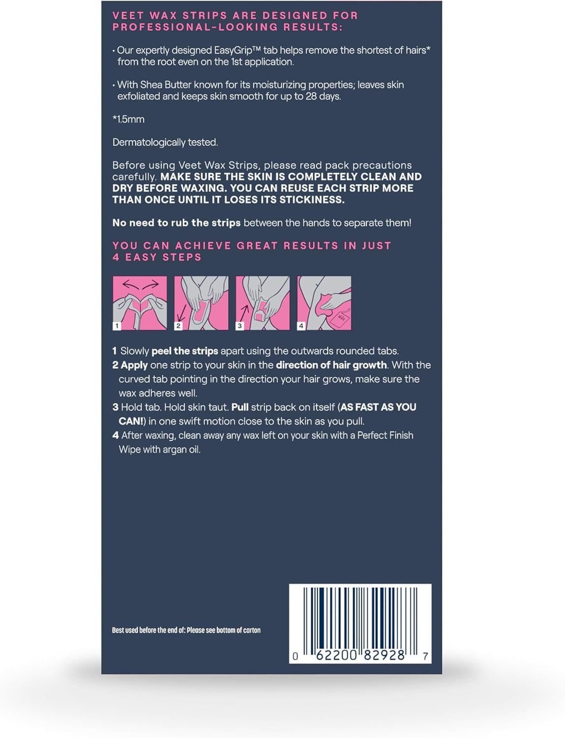 VEET Ready-To-Use Waxing Kit For Women, Wax Strips For Body Hair Removal, Wax Kit For Legs and Body, Personal Care Product, Hair Remover, 40ct Waxing Strips, 4ct Body Wipes (Pack of 3)