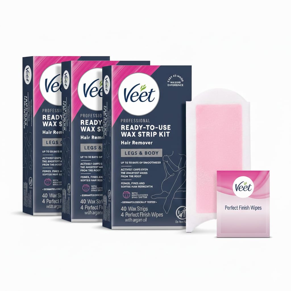 VEET Ready-To-Use Waxing Kit For Women, Wax Strips For Body Hair Removal, Wax Kit For Legs and Body, Personal Care Product, Hair Remover, 40ct Waxing Strips, 4ct Body Wipes (Pack of 3)
