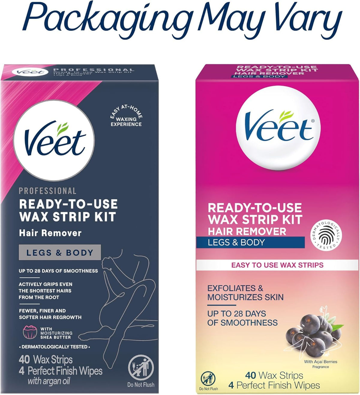 VEET Ready-To-Use Waxing Kit For Women, Wax Strips For Body Hair Removal, Wax Kit For Legs and Body, Personal Care Product, Hair Remover, 40ct Waxing Strips, 4ct Body Wipes (Pack of 3)