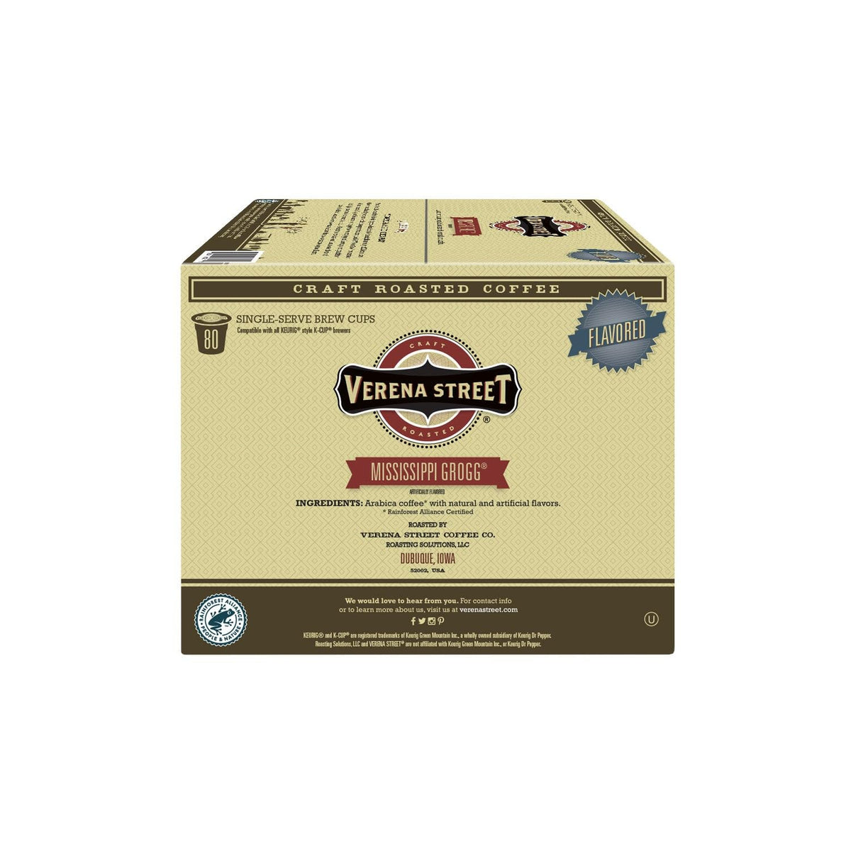 Verena Street Single Cup Pods (80 Count) Flavored Coffee — Mississippi Grogg, Rainforest Alliance Certified Arabica