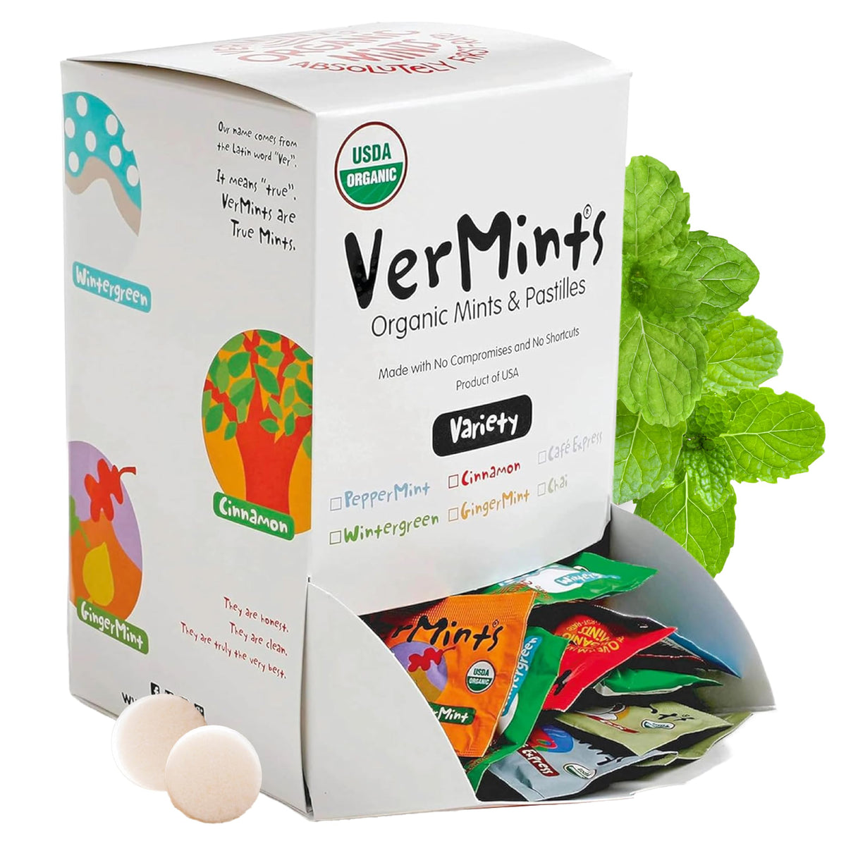Vermints Organic Breath Mints – 120-Count Travel Pack with Peppermint, Ginger, Wintergreen, Cinnamon, Chai & Café Express
