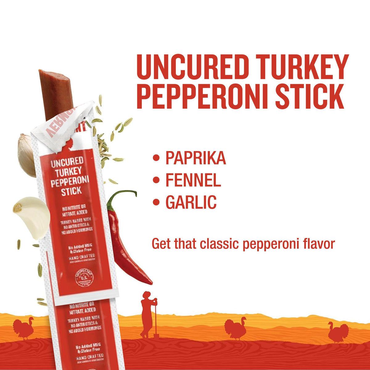 Vermont Smoke & Cure Uncured Turkey Pepperoni Sticks – 8-Count Pouch | Antibiotic- and Hormone-Free
