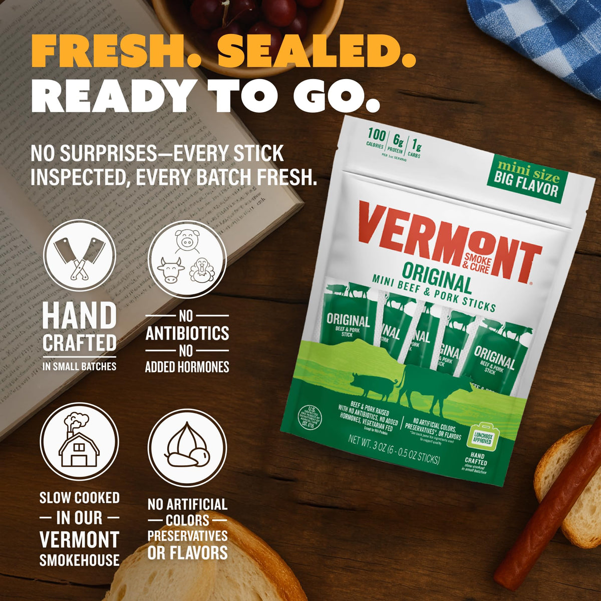 Vermont Smoke & Cure Original Beef & Pork Mini Sticks – 0.5 oz, 48-Count On-the-Go Protein Snacks