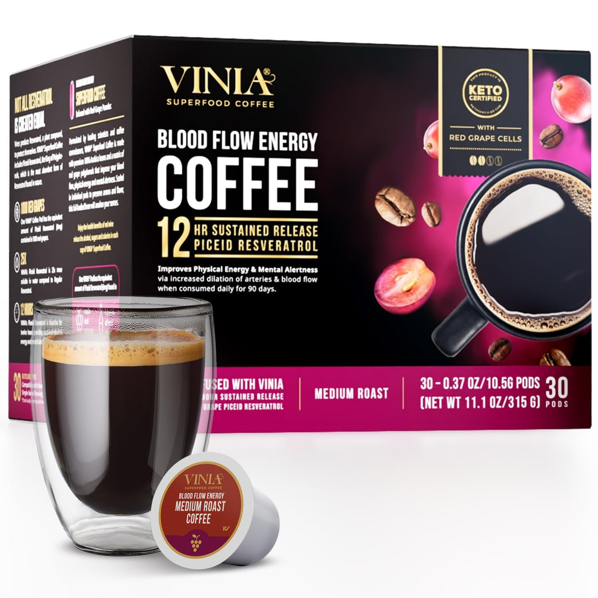 VINIA Medium Dark Roast Coffee Pods with Red Grape Polyphenols & Piceid Resveratrol – 30 K-Cups