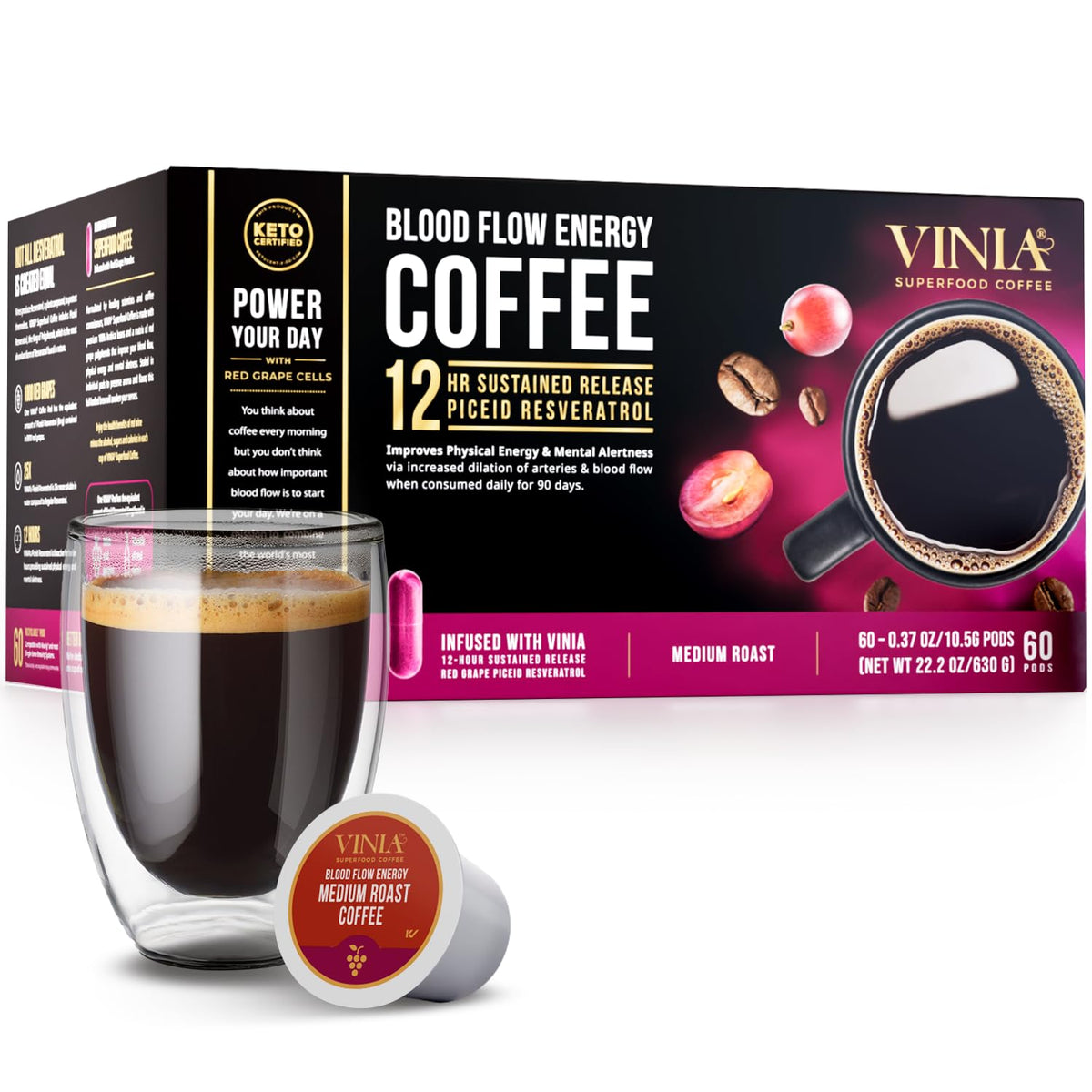 VINIA Medium Dark Roast Coffee Pods with Red Grape Piceid Resveratrol | 60 Ct K-Cups