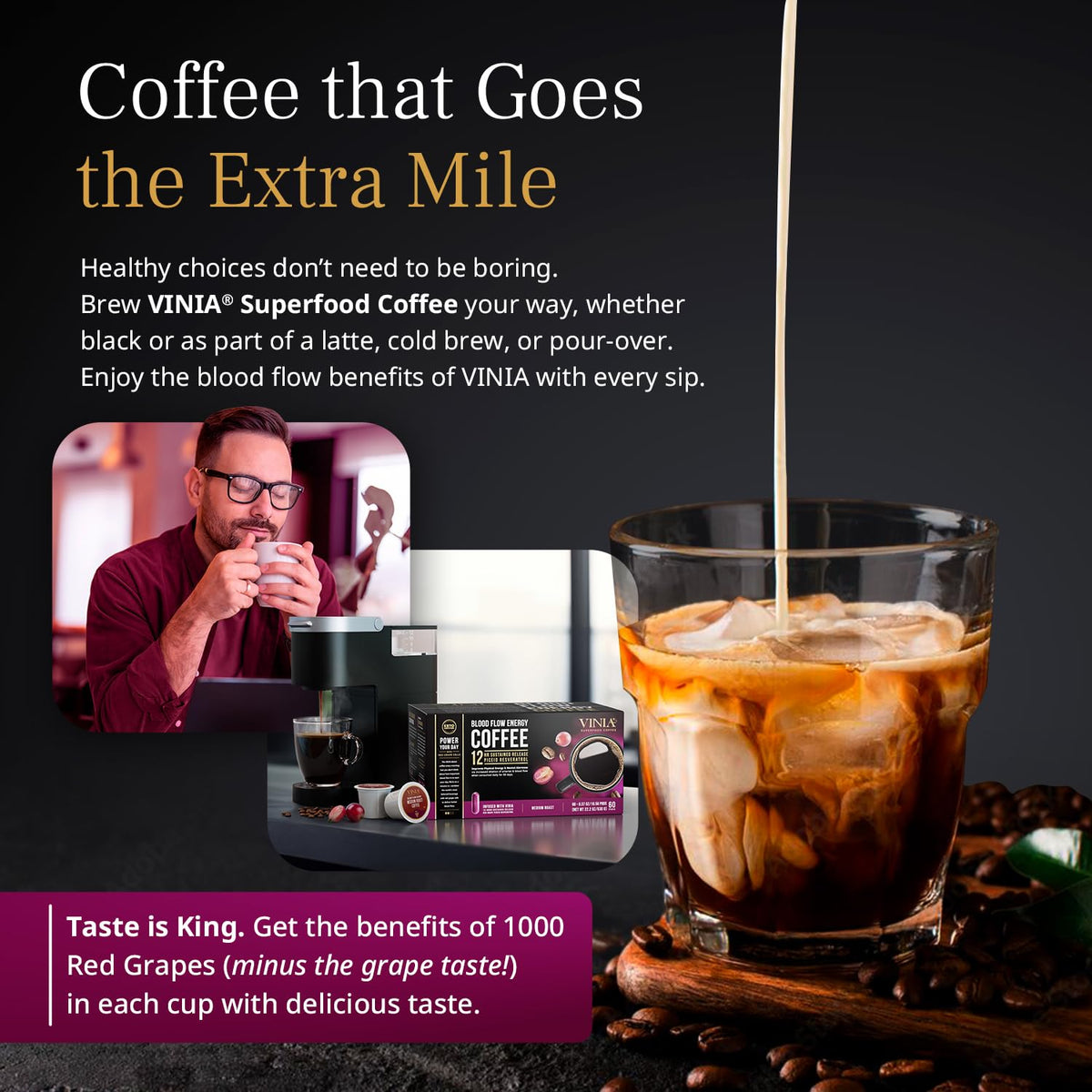 VINIA Medium Dark Roast Coffee Pods with Red Grape Piceid Resveratrol | 60 Ct K-Cups