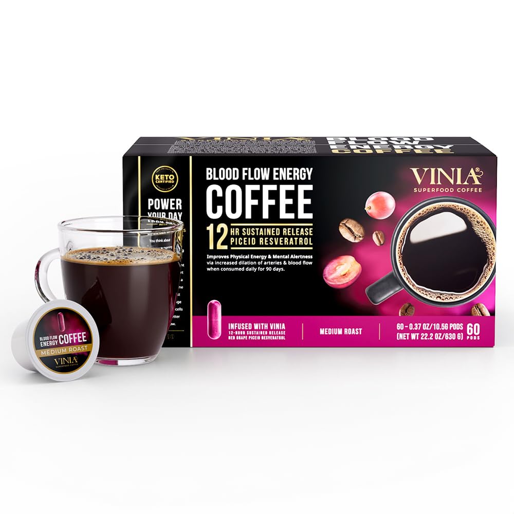 VINIA Medium Dark Roast Coffee Pods with Red Grape Piceid Resveratrol | 60 Ct K-Cups