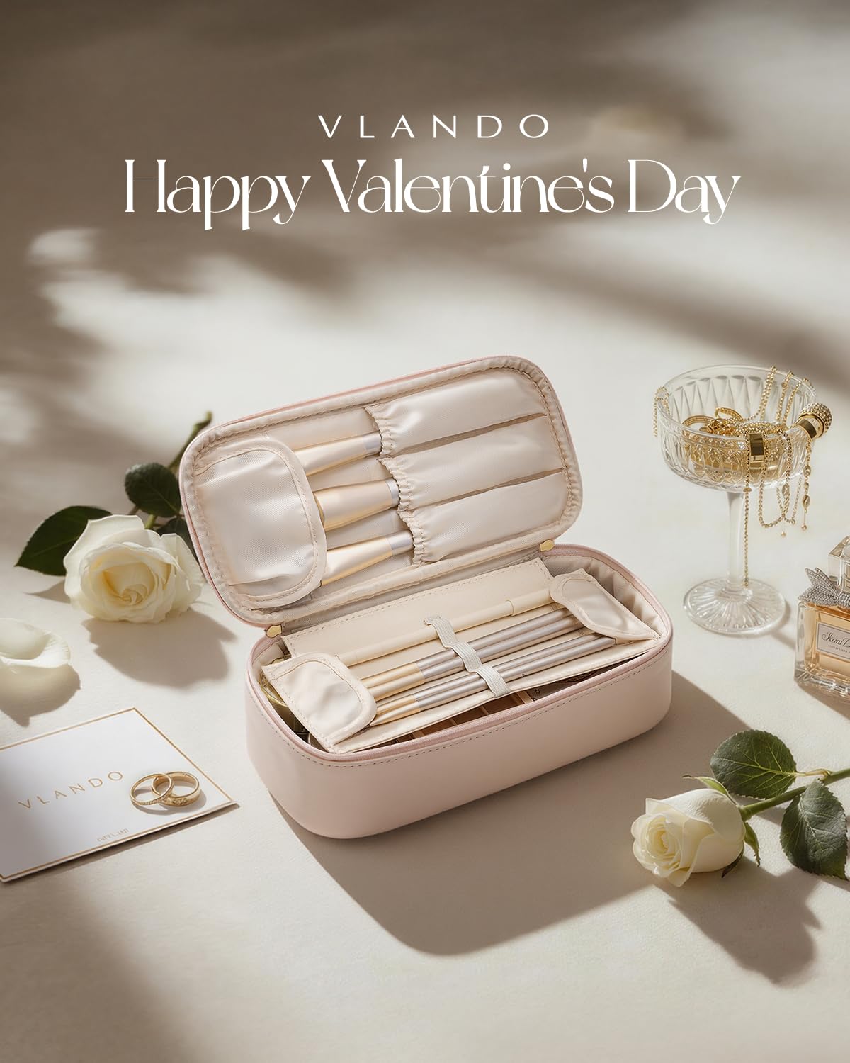 VLANDO Makeup Bag for Toiletries with Separate Brush Storage,Apricot Pink