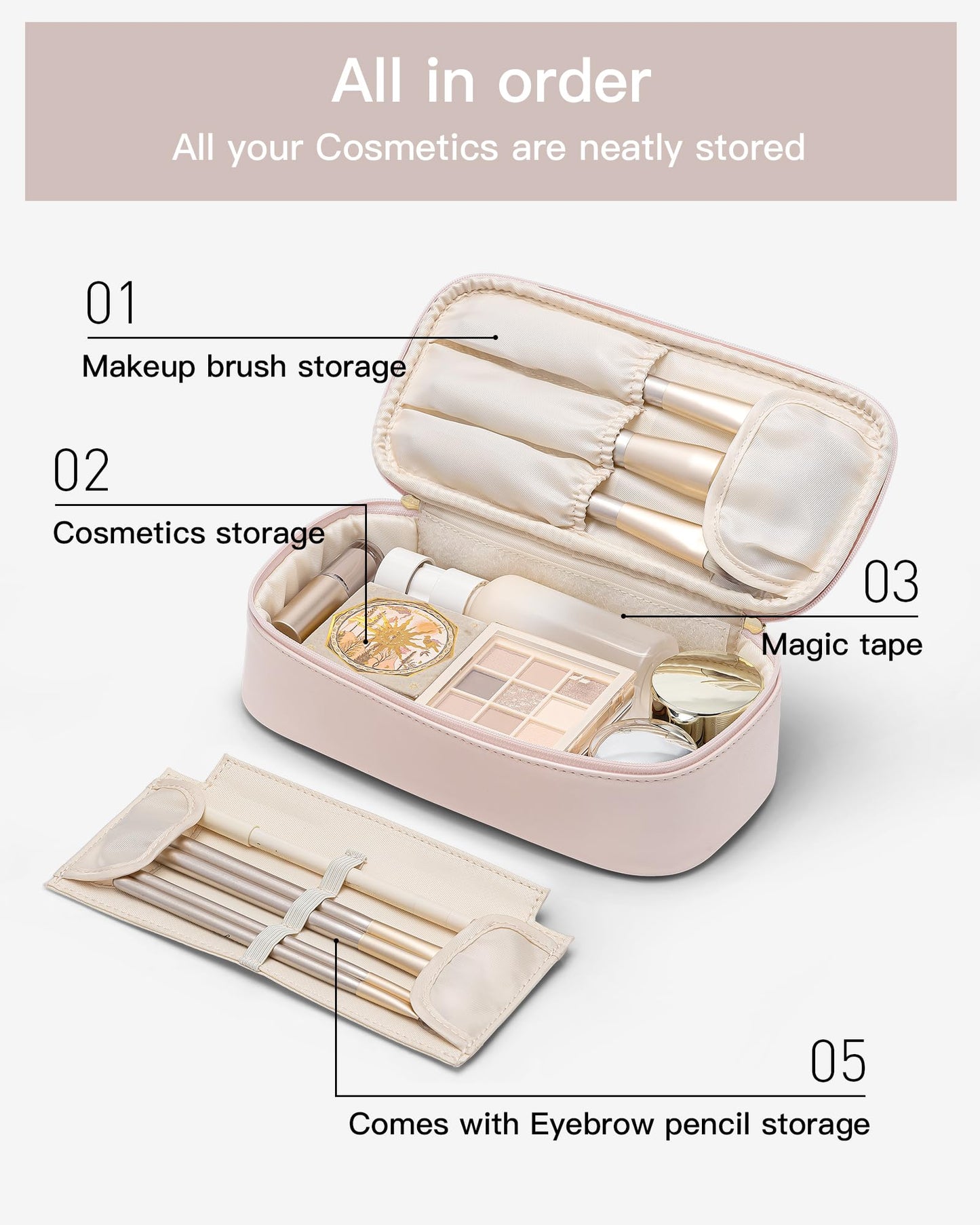 VLANDO Makeup Bag for Toiletries with Separate Brush Storage,Apricot Pink