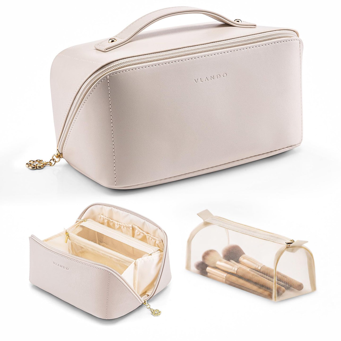 VLANDO Makeup Bag,Women Travel Toiletry Case,Carry Handle,Off White