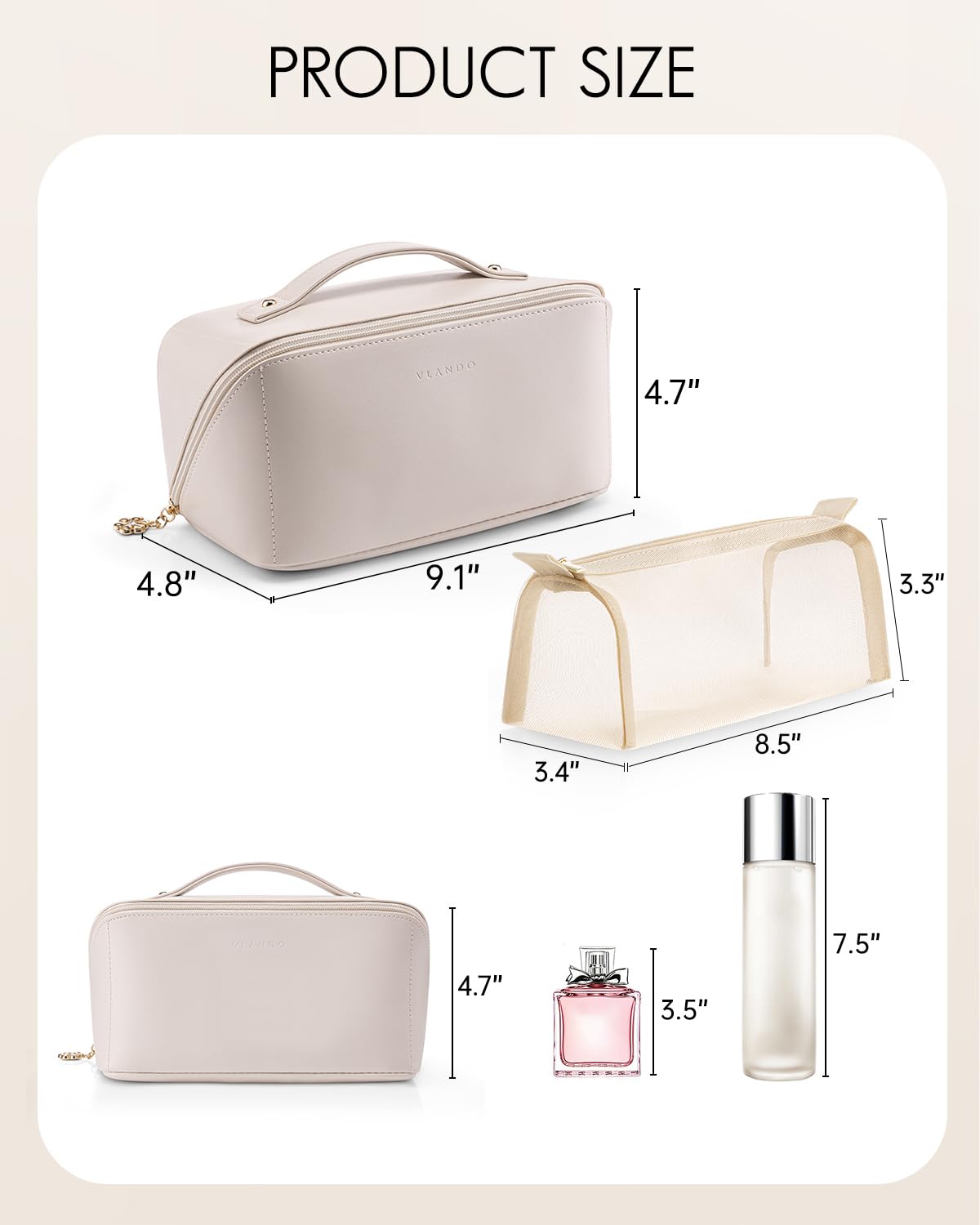 VLANDO Makeup Bag,Women Travel Toiletry Case,Carry Handle,Off White