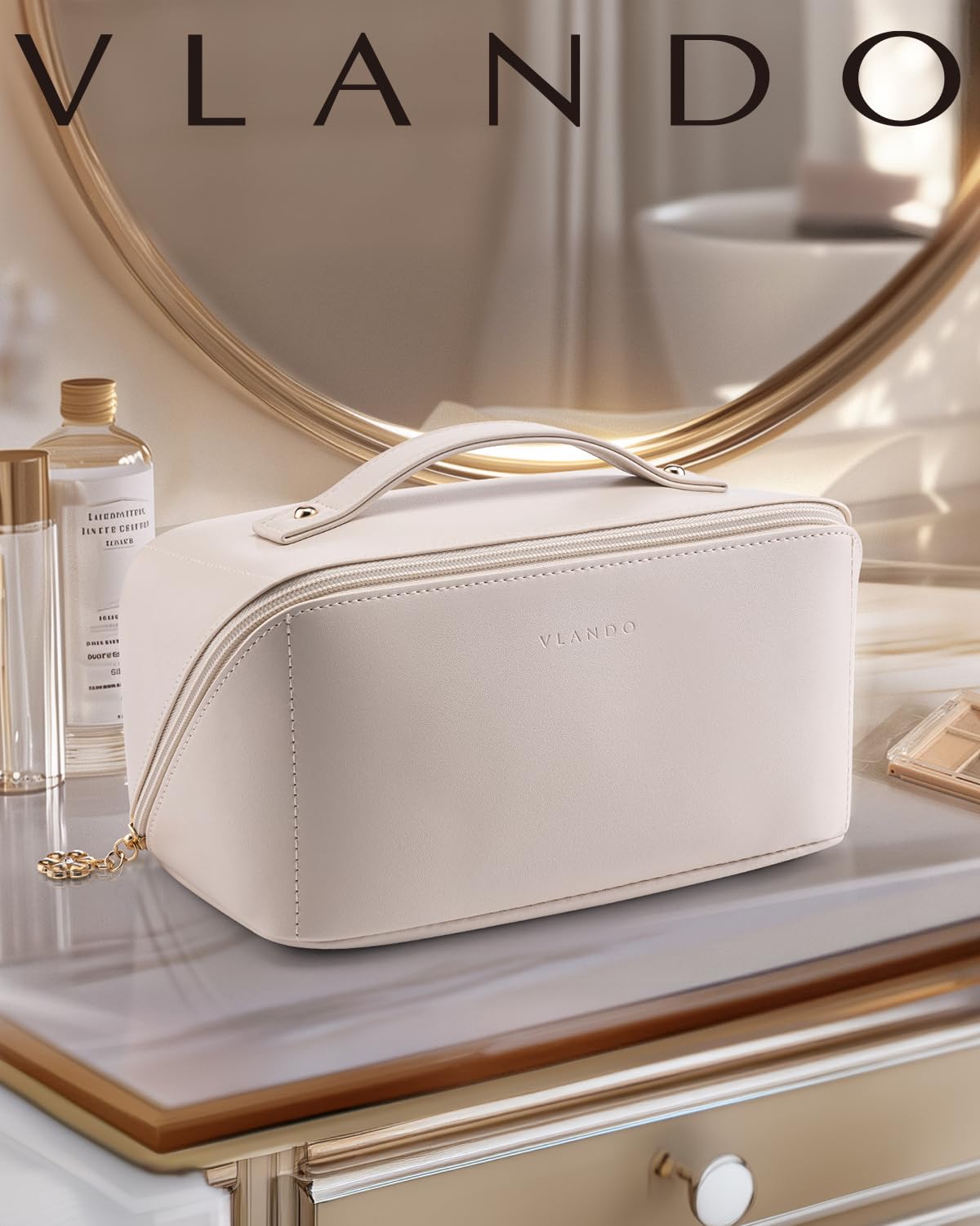 VLANDO Makeup Bag,Women Travel Toiletry Case,Carry Handle,Off White