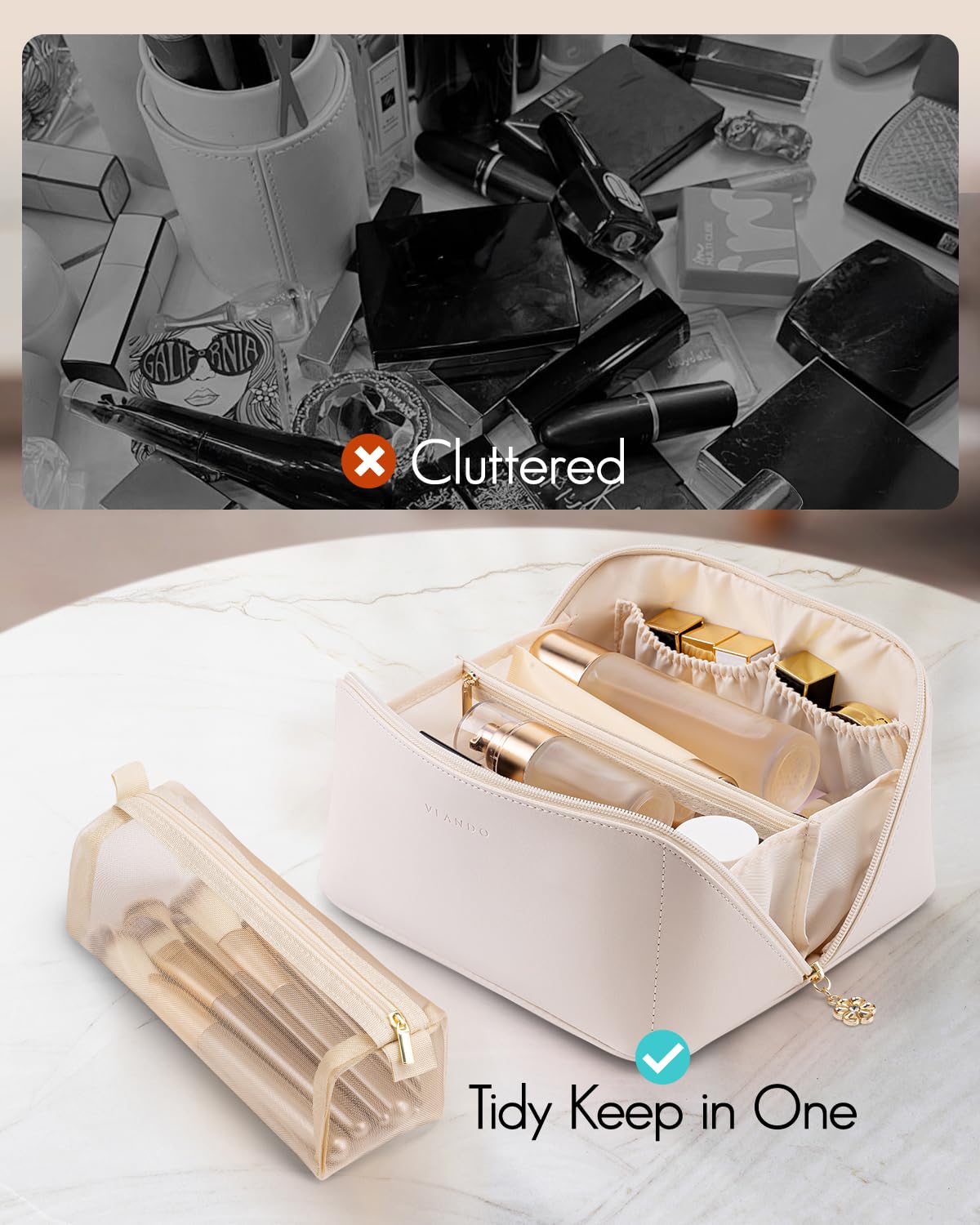VLANDO Makeup Bag,Women Travel Toiletry Case,Carry Handle,Off White