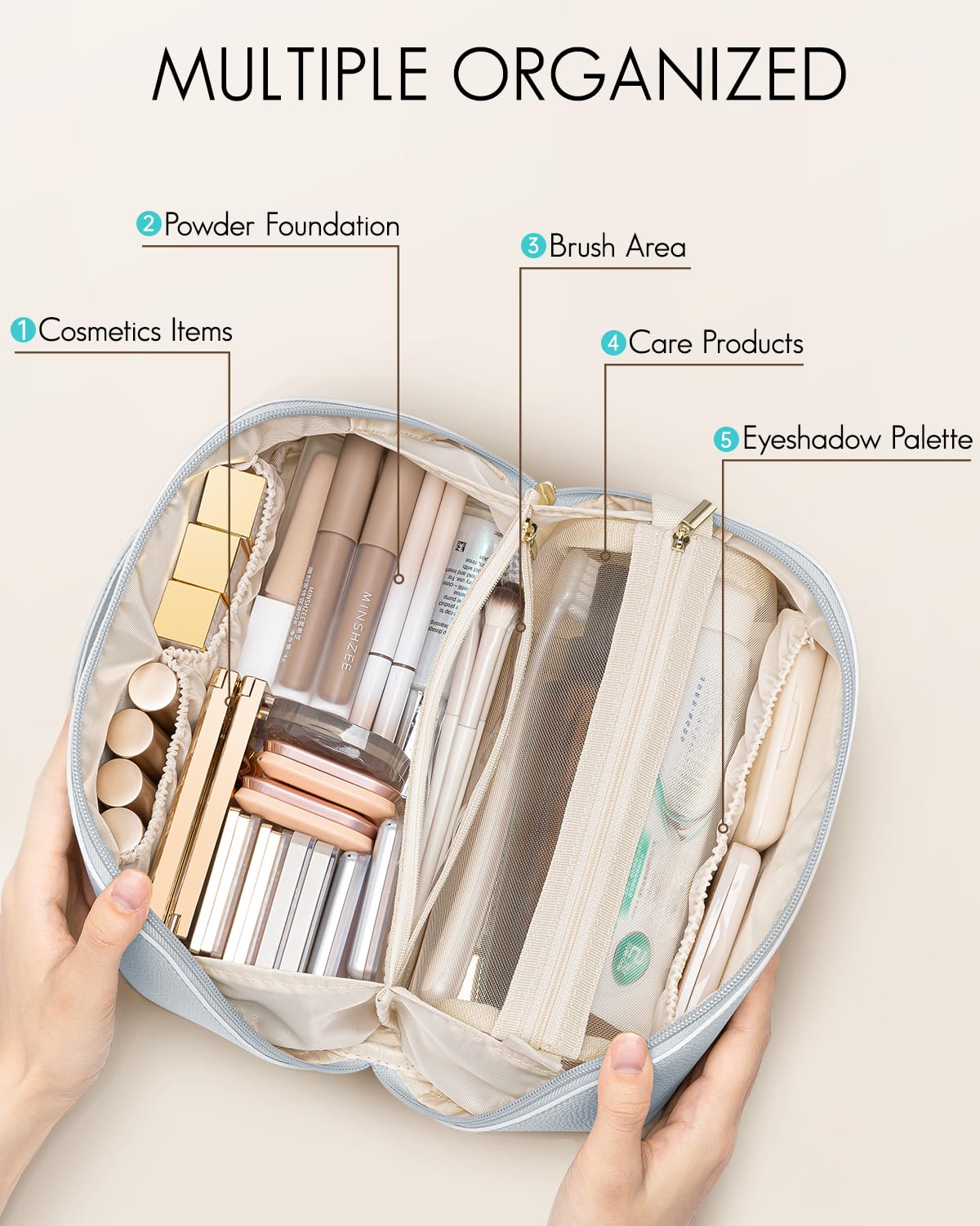 VLANDO Makeup Travel Bag,Women Travel Toiletry Case,Carry Handle,Baby Blue