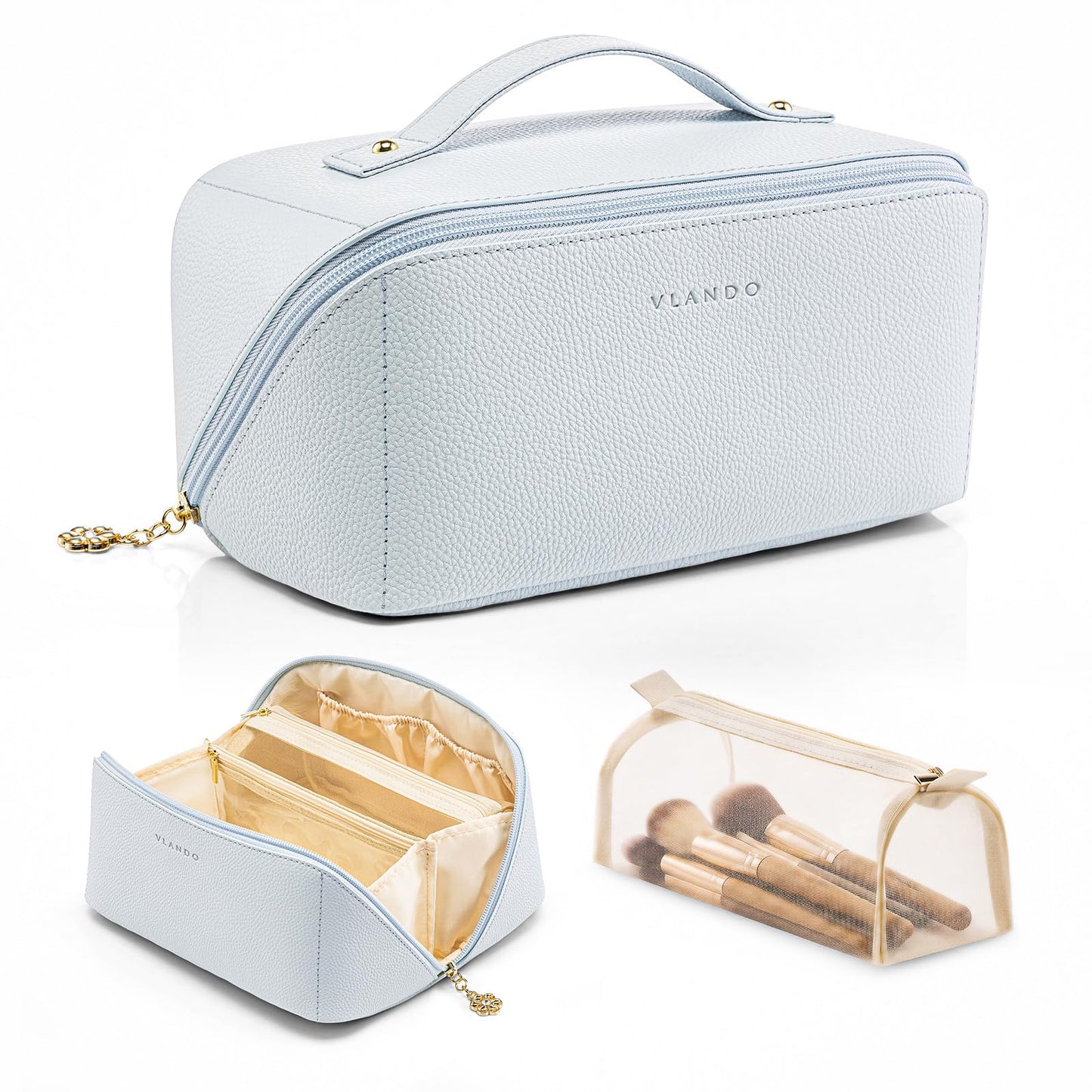 VLANDO Makeup Travel Bag,Women Travel Toiletry Case,Carry Handle,Baby Blue