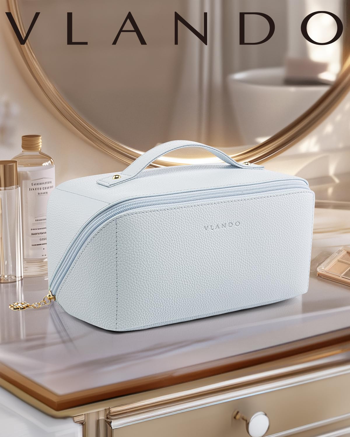 VLANDO Makeup Travel Bag,Women Travel Toiletry Case,Carry Handle,Baby Blue