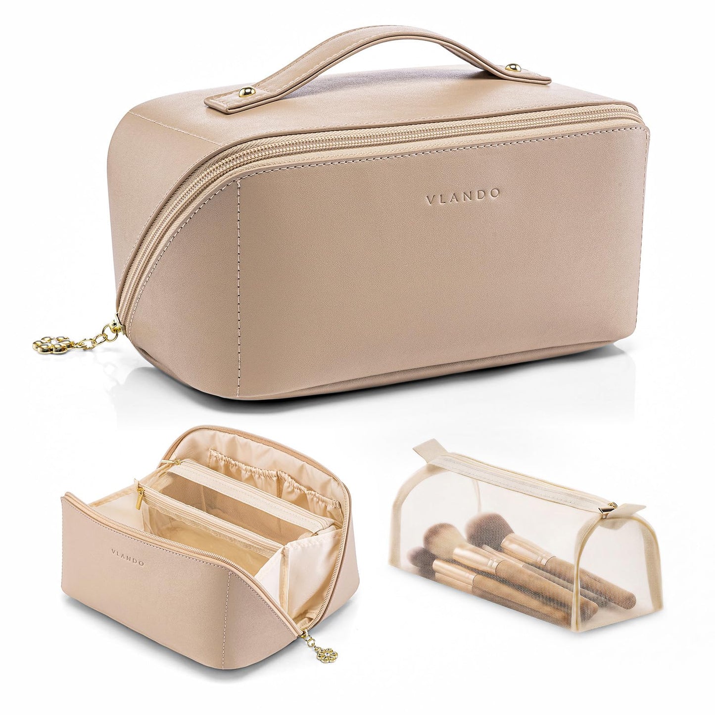 VLANDO Travel Makeup Bag with 180°Opening, Women Toiletry Case,Toffee