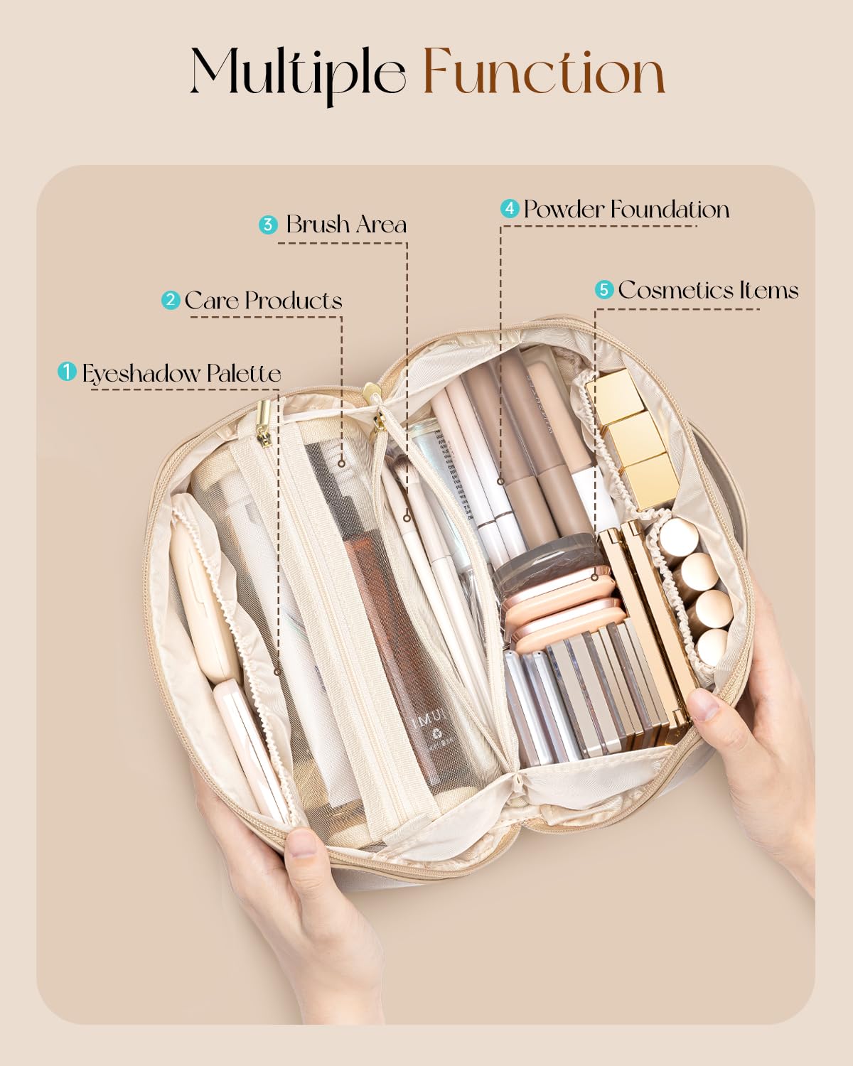 VLANDO Travel Makeup Bag with 180°Opening, Women Toiletry Case,Toffee