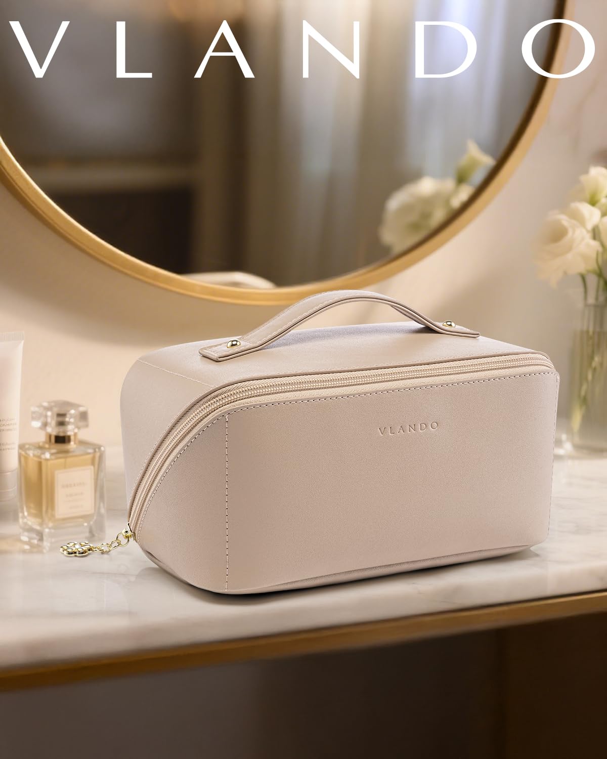 VLANDO Travel Makeup Bag with 180°Opening, Women Toiletry Case,Toffee