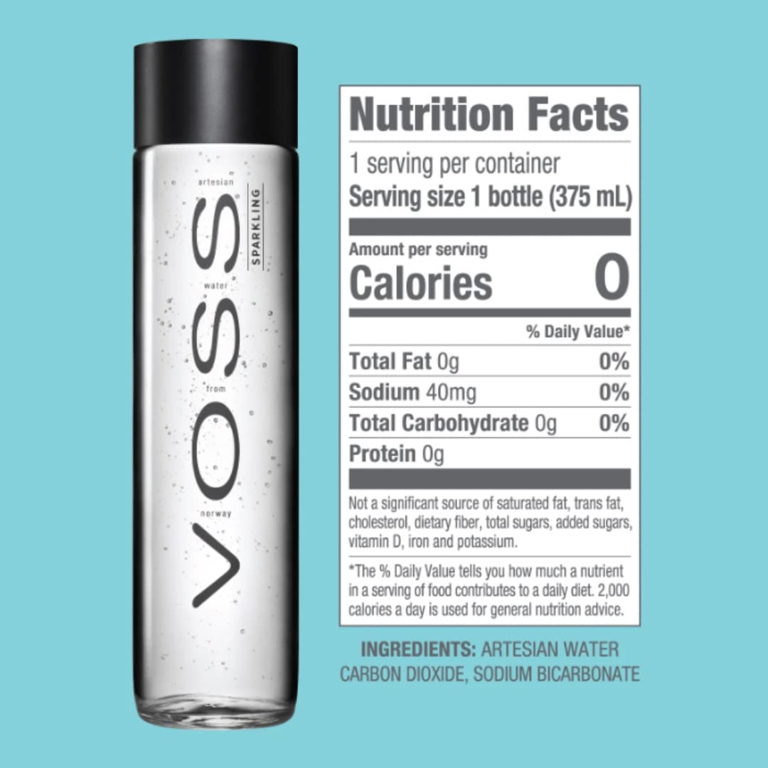 VOSS Sparkling Water from Norway — Naturally Pure, Crisp Taste (375 ml Glass, Pack of 9)