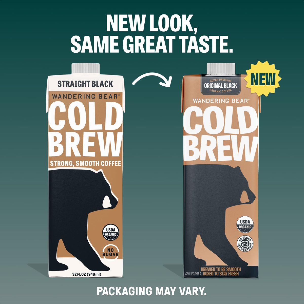 Wandering Bear Straight Black Organic Cold Brew Coffee — Extra Strong, Unsweetened, 32 oz Carton (3 Pack)