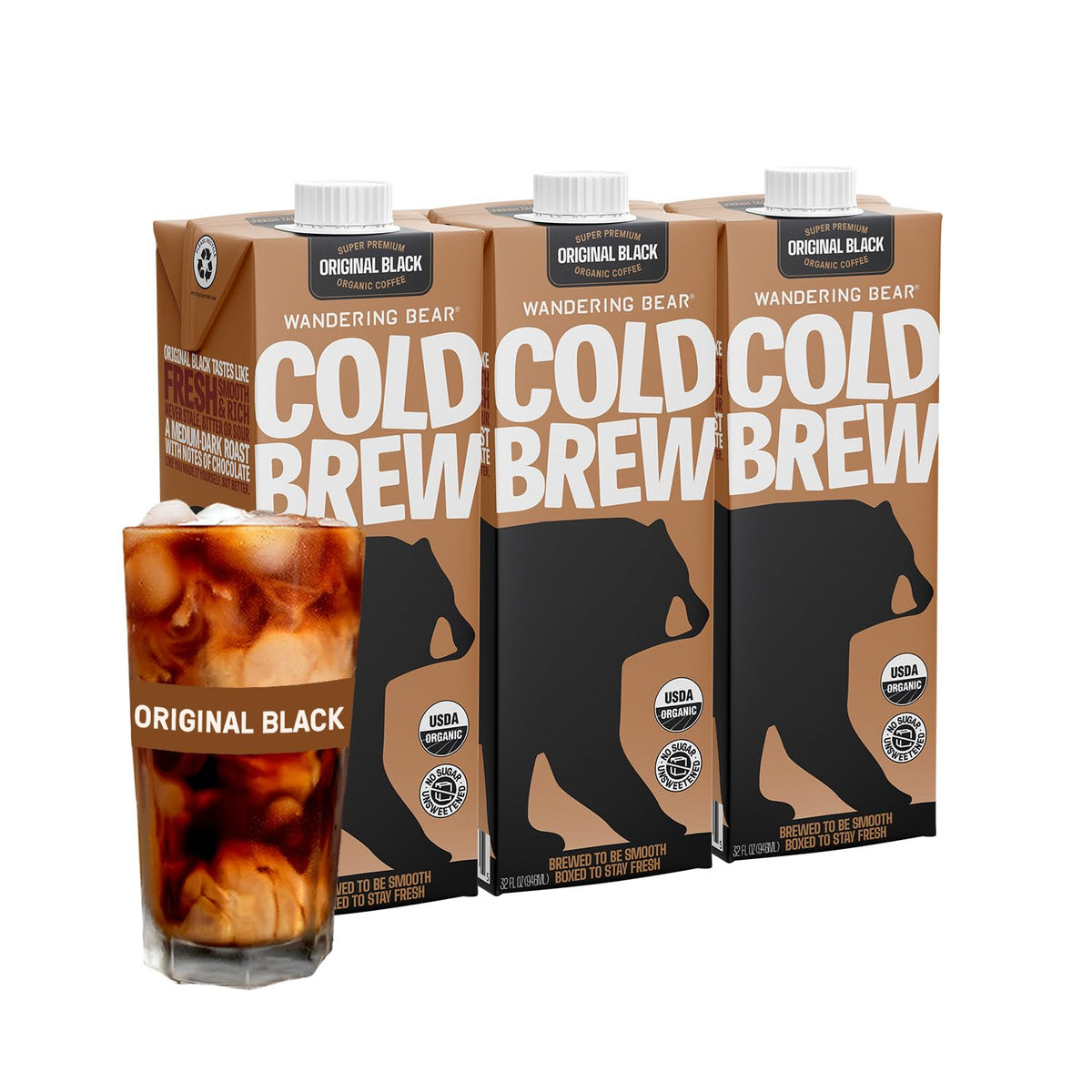 Wandering Bear Straight Black Organic Cold Brew Coffee — Extra Strong, Unsweetened, 32 oz Carton (3 Pack)