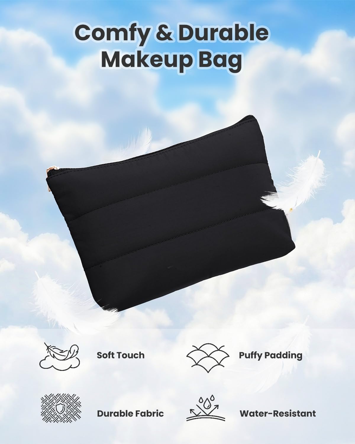 Wandering Nature Small Makeup Bag 2 Pack Cosmetic Bag for Purse, Puffer Quilted Makeup Pouch, Cute Travel Pouch with Zipper for Women, Black