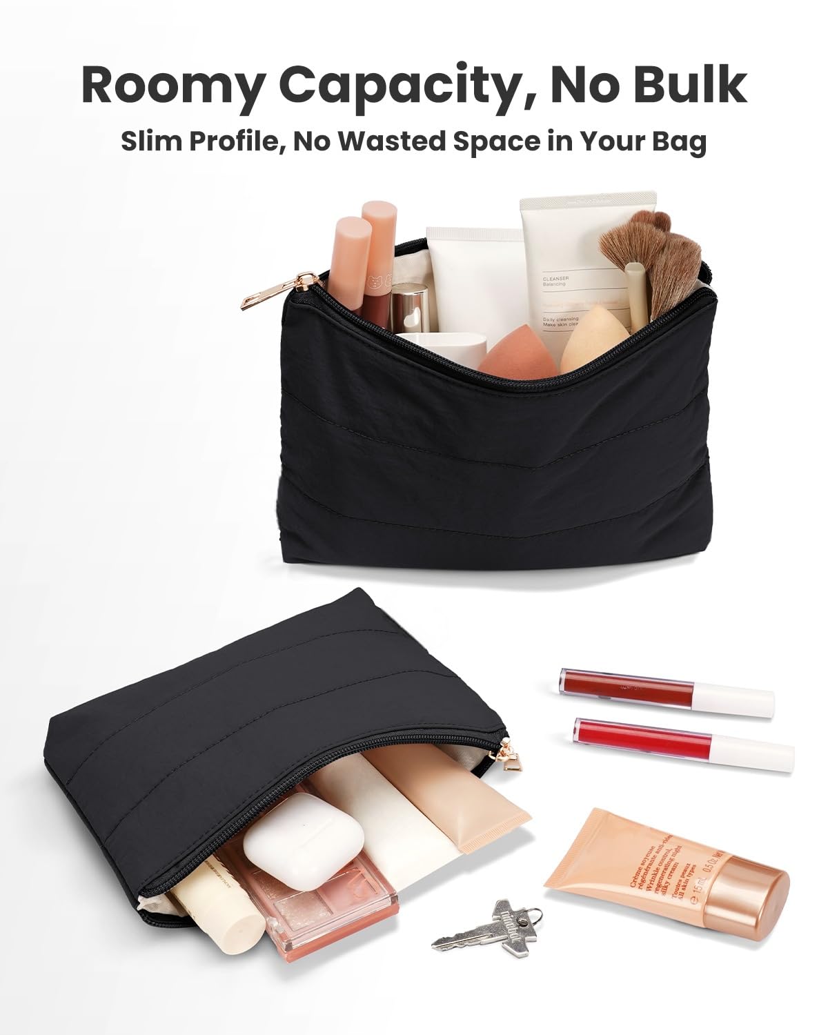 Wandering Nature Small Makeup Bag 2 Pack Cosmetic Bag for Purse, Puffer Quilted Makeup Pouch, Cute Travel Pouch with Zipper for Women, Black