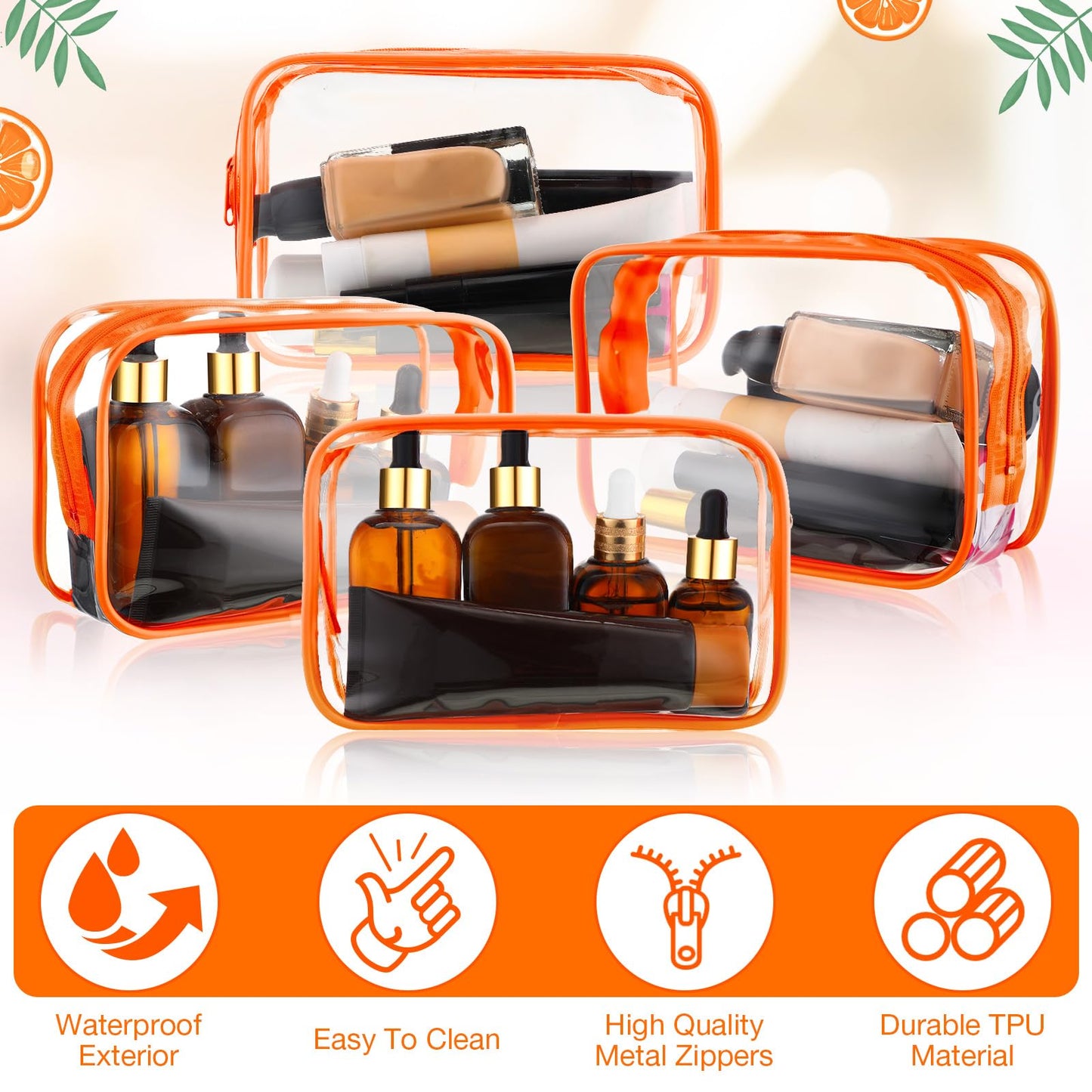 Weewooday 12 Pcs Clear Cosmetic Bags PVC Zipper,Small,Orange