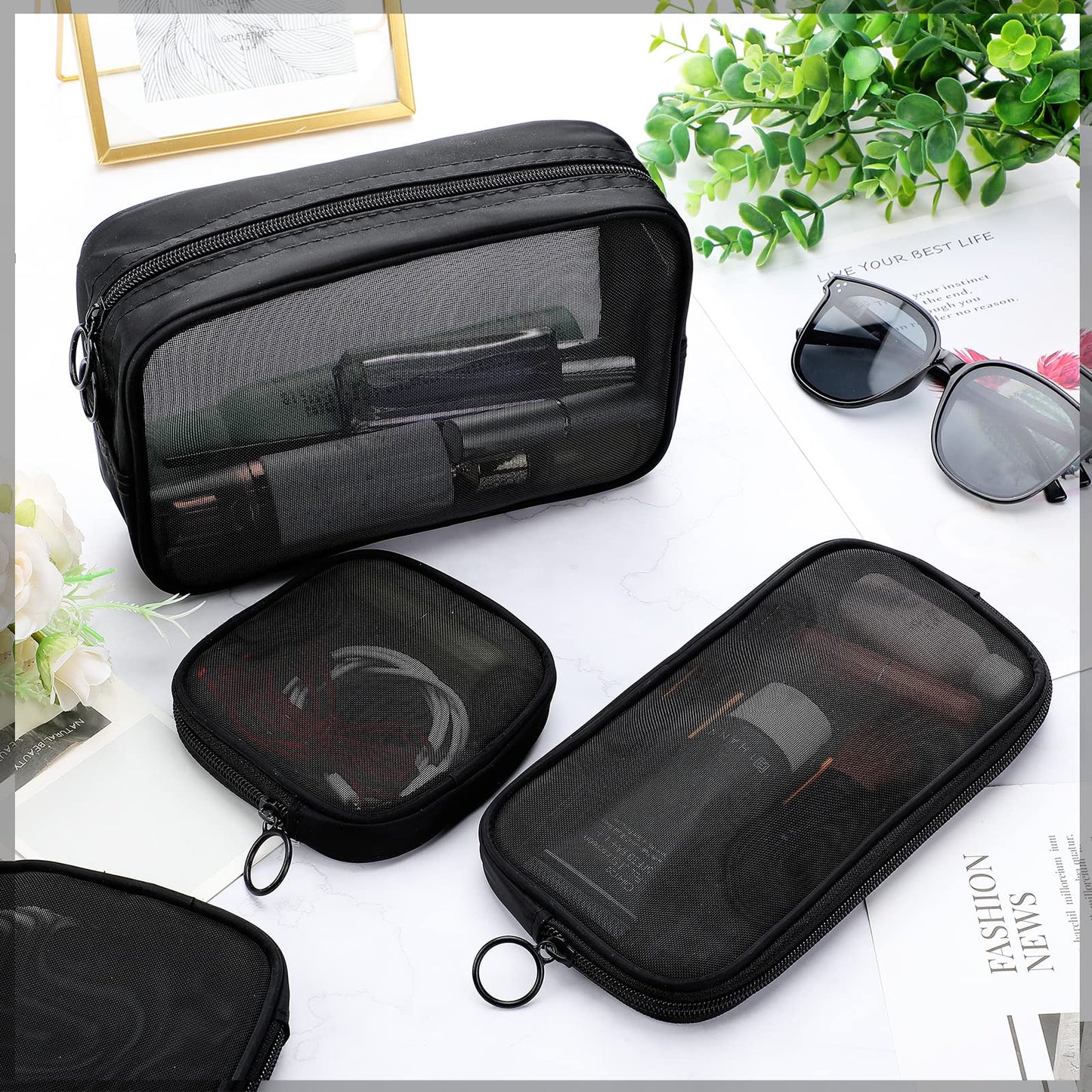Weewooday 4 Pcs Mesh Pouch Large&medium&small, Black Zipper Bag