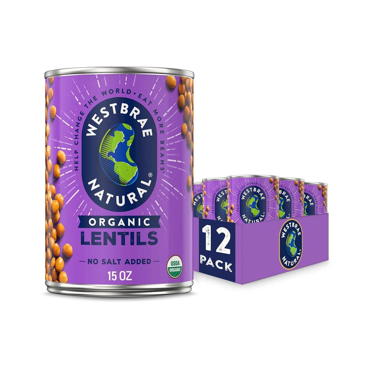 Westbrae Natural Organic Lentils - No Salt Added, 15 oz (Pack of 12) | Plant-Based Protein & Fiber