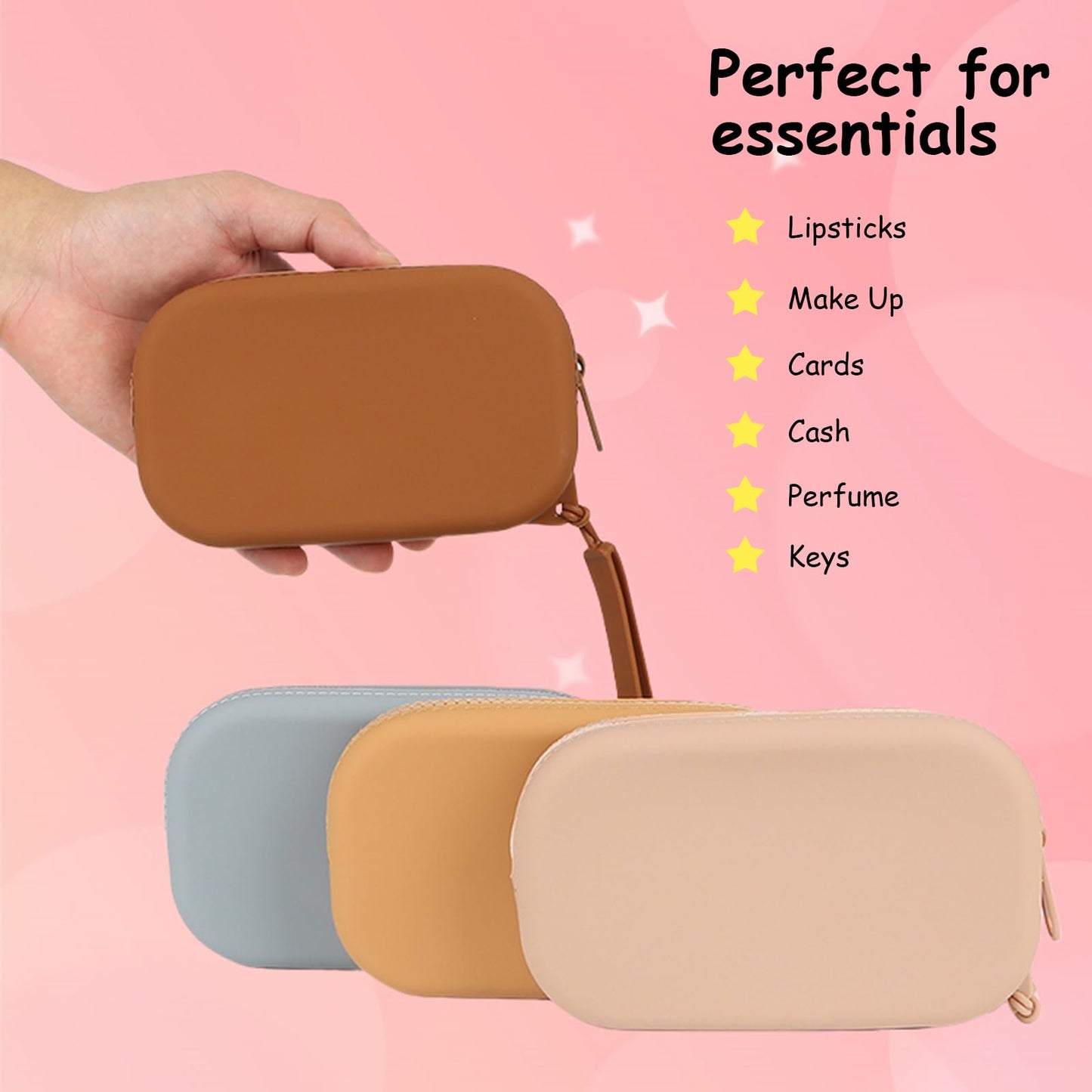 WHHJM Small Silicone Multifunctional Essential Bag Portable Travel Makeup Bag for Women Men Cards Cash Bag Zipper Pouch (Brown)