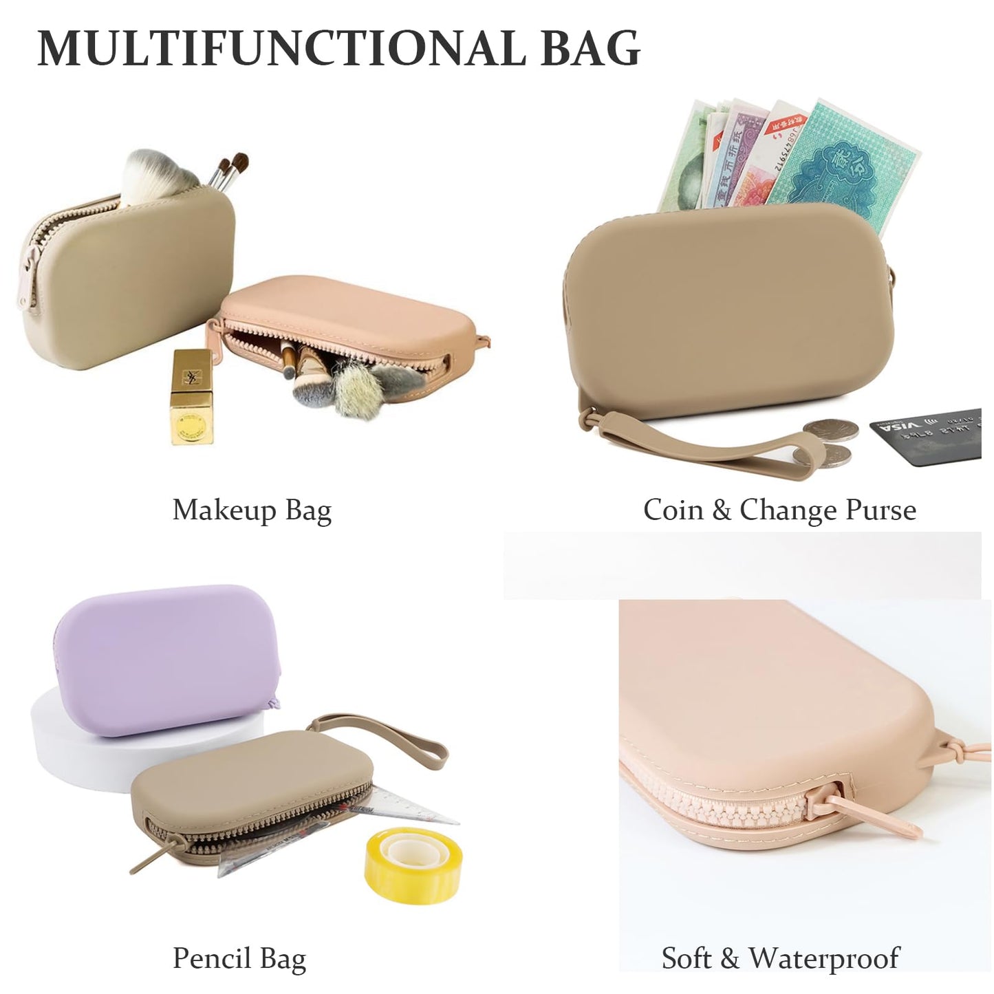 WHHJM Small Silicone Multifunctional Essential Bag Portable Travel Makeup Bag for Women Men Cards Cash Bag Zipper Pouch (Brown)