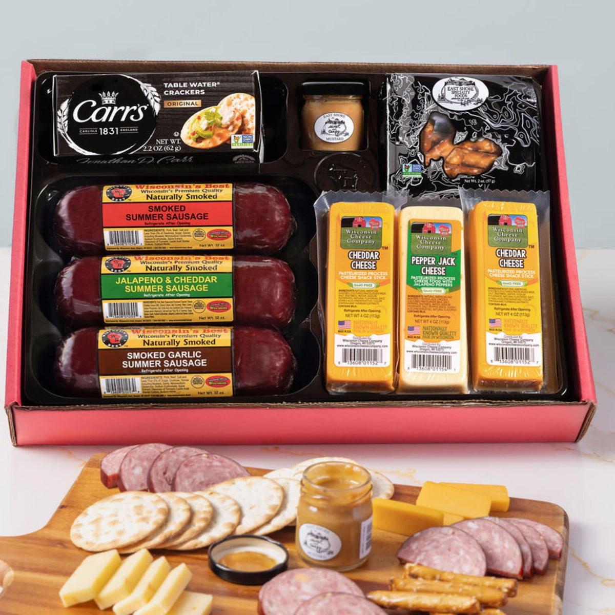 Wisconsin Cheese Company - Ultimate Cheese & Meat Gift Box | Smoked Summer Sausages, Wisconsin Cheese, Crackers & Mustard