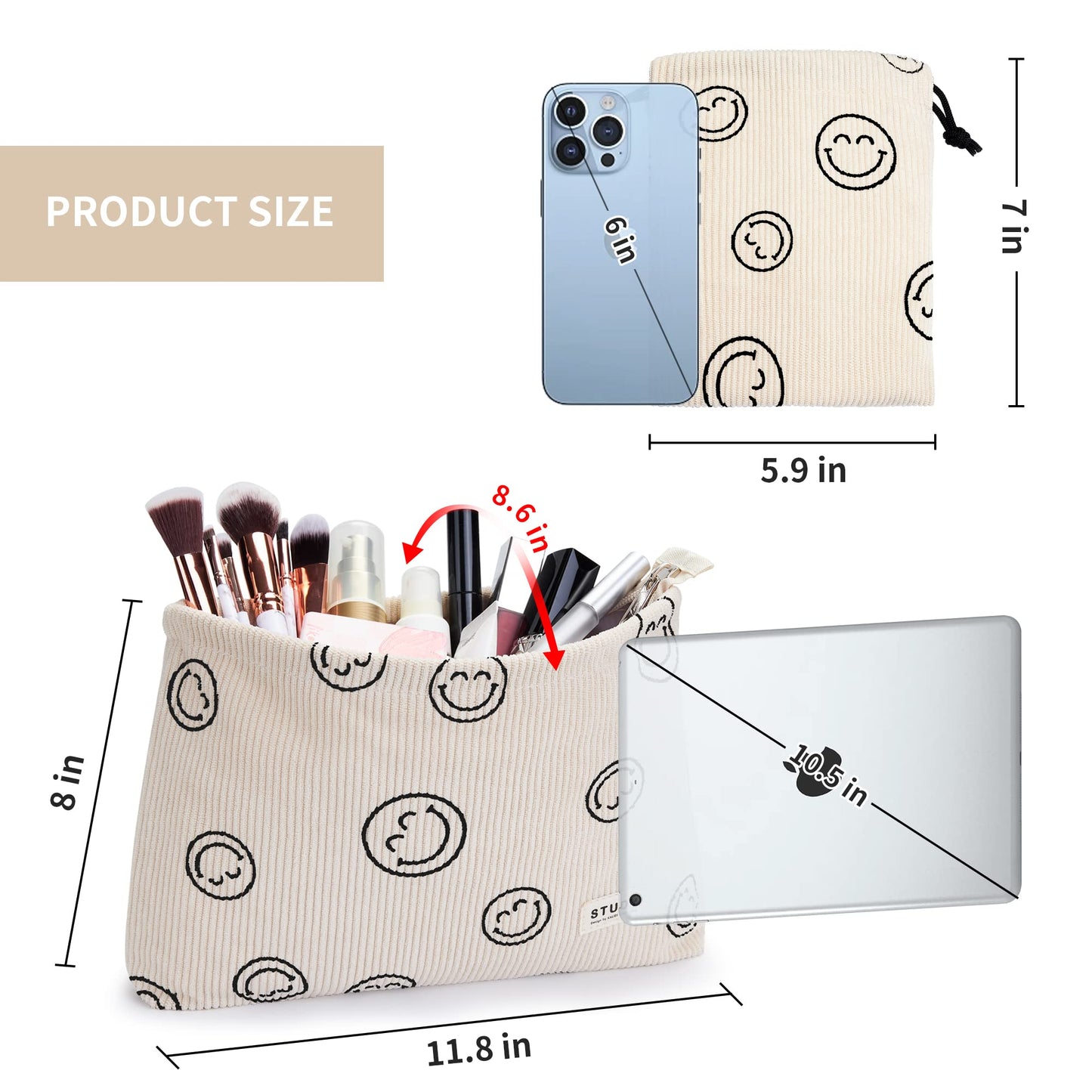 WLLWOO 2pcs Makeup Bag Smile Face Corduroy Cosmetic Pouch for Women Purse