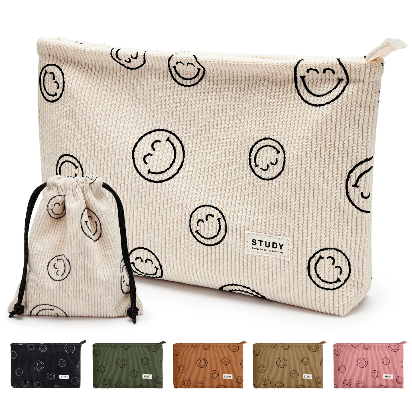 WLLWOO 2pcs Makeup Bag Smile Face Corduroy Cosmetic Pouch for Women Purse