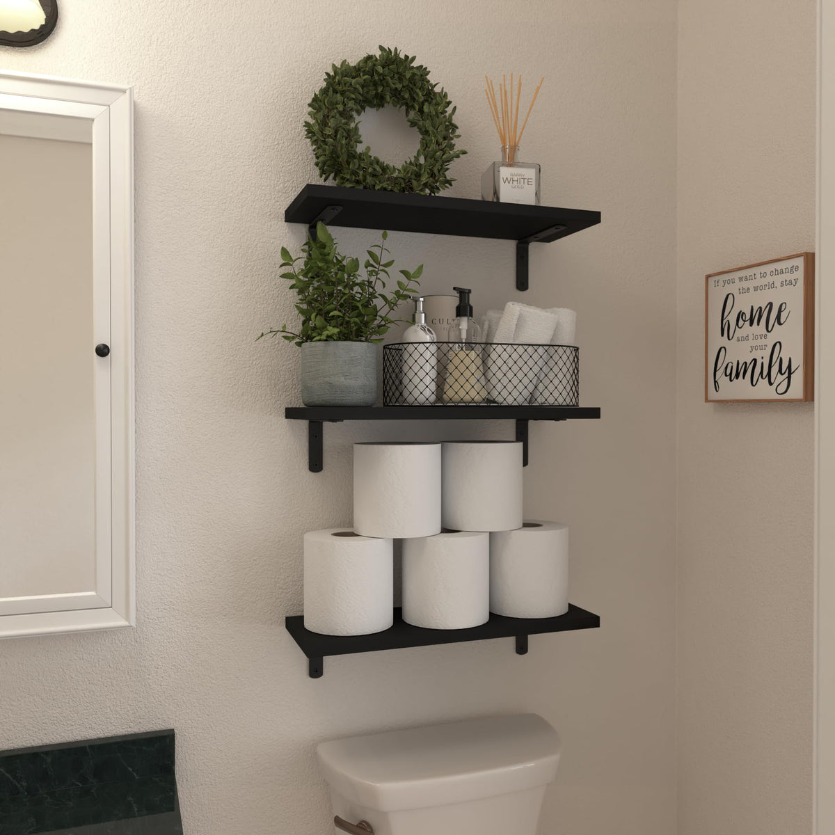 WOPITUES Floating Shelves Set of 6 for Wall Decor & Storage, Black
