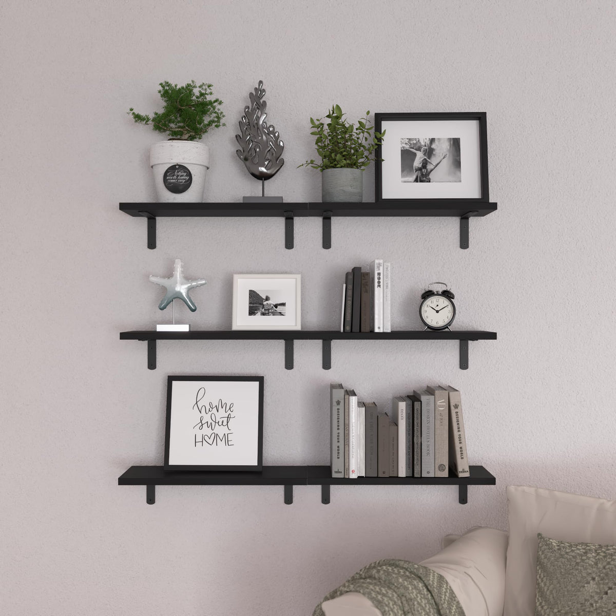 WOPITUES Floating Shelves Set of 6 for Wall Decor & Storage, Black